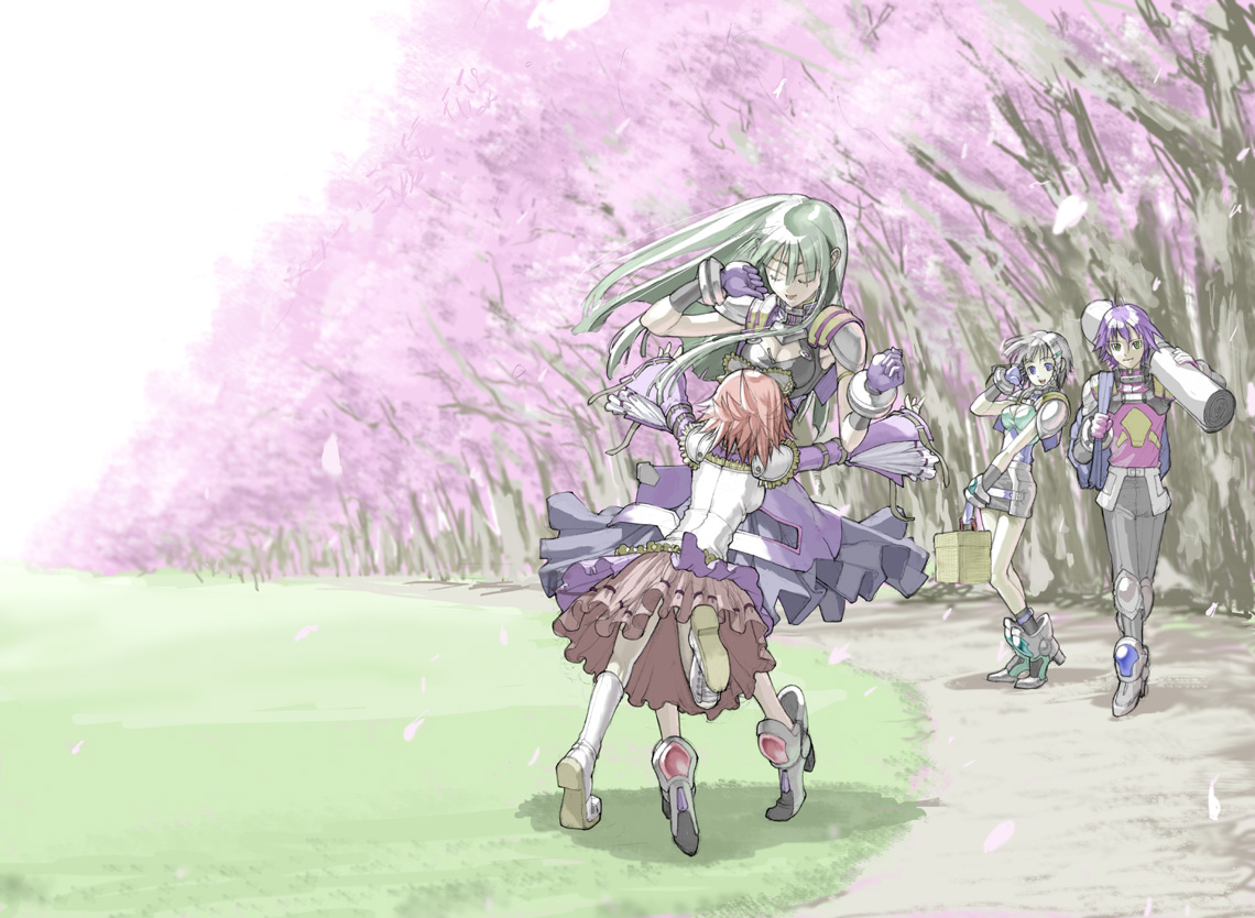 nakabayashi reimei, arado balanga, latune subbota, ouka nagisa, seolla schweizer, banpresto, original, super robot wars, super robot wars original generation, 3girls, blue eyes, breasts, cherry blossoms, cleavage, dress, fantasy, gloves, green eyes, green hair, hug, long hair, medium breasts, multiple girls, pink hair, purple hair, ribbon, short hair, skirt