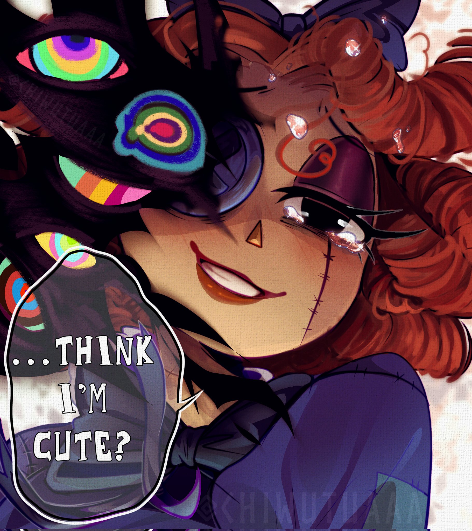 ragatha (the amazing digital circus), boku no hero academia, the amazing digital circus, artist collaboration, commentary, english commentary, highres, 1girl, abstraction (the amazing digital circus), black eyes, blue bow, blue dress, bow, dress, english text, hair bow, honeychiwutu, red hair, red lips, ringlets, rozkraliky, smile, stitches, tears