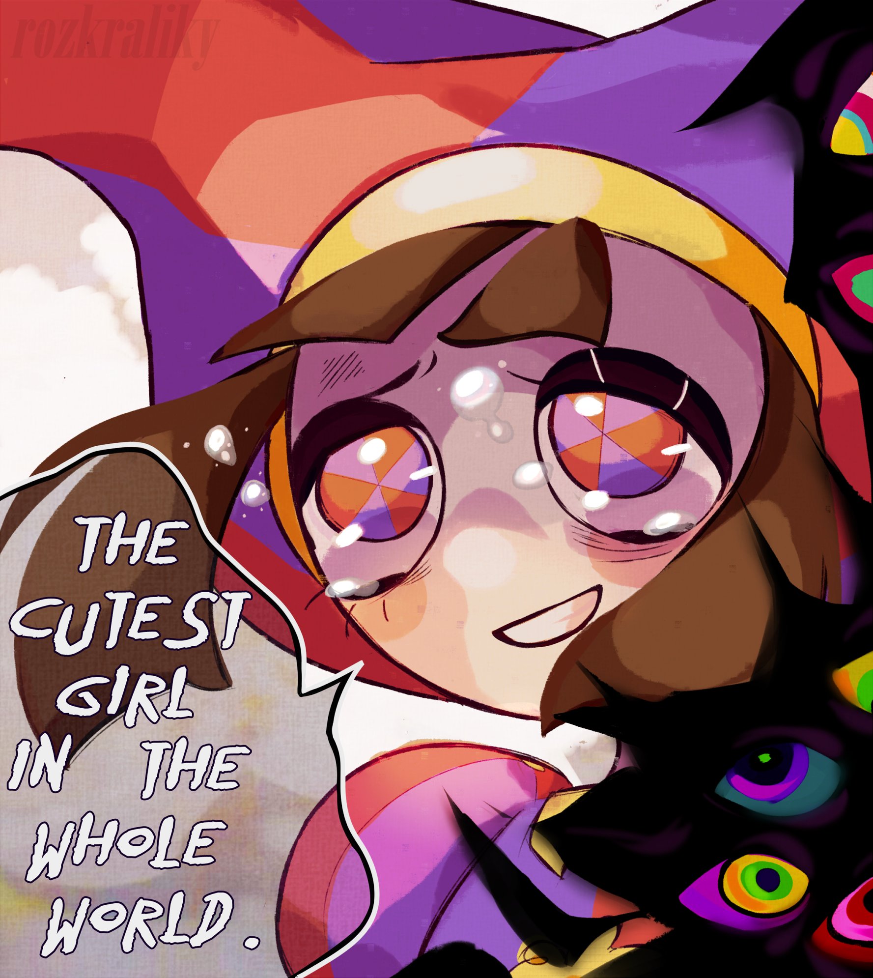 pomni (the amazing digital circus), boku no hero academia, the amazing digital circus, artist collaboration, commentary, english commentary, highres, 1girl, abstraction (the amazing digital circus), blue eyes, blue hat, brown hair, english text, hat, honeychiwutu, jester cap, multicolored eyes, red eyes, red hat, rozkraliky, short hair, smile, tears, two-tone eyes