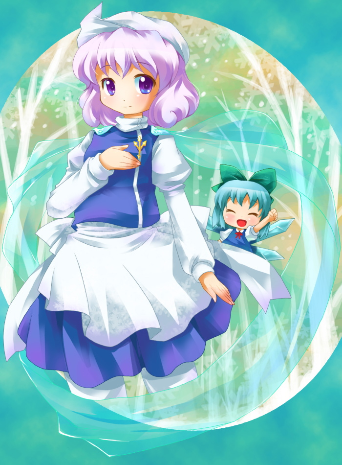 michii yuuki, cirno, letty whiterock, touhou, bad id, bad pixiv id, 2girls, blue hair, chibi, closed eyes, female focus, hat, multiple girls, pink hair, purple eyes, ribbon, short hair, wings