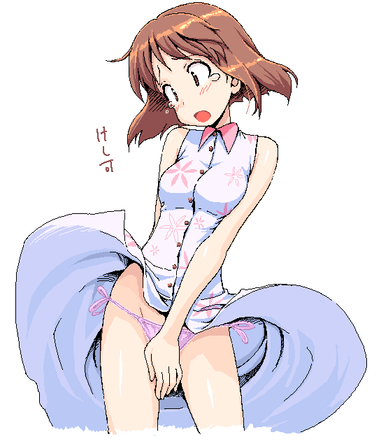 takayaki, hagiwara yukiho, idolmaster, idolmaster (classic), idolmaster 1, 00s, 1girl, blush, brown eyes, brown hair, clothes lift, covering crotch, covering privates, dress, dress lift, embarrassed, female focus, panties, side-tie panties, solo, tears, underwear, wind, wind lift