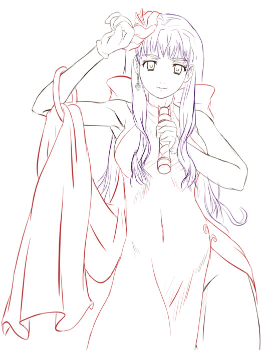sheryl nome, macross, macross frontier, 00s, 1girl, arm up, armpits, bare arms, bare shoulders, bow, breasts, covered navel, cowboy shot, dress, earrings, female focus, flower, gloves, groin, hair flower, hair ornament, hibiscus, holding, holding microphone, jewelry, lineart, long hair, looking at viewer, medium breasts, microphone, monochrome, pelvic curtain, sideboob, simple background, single earring, solo, spot color, standing, very long hair, white background