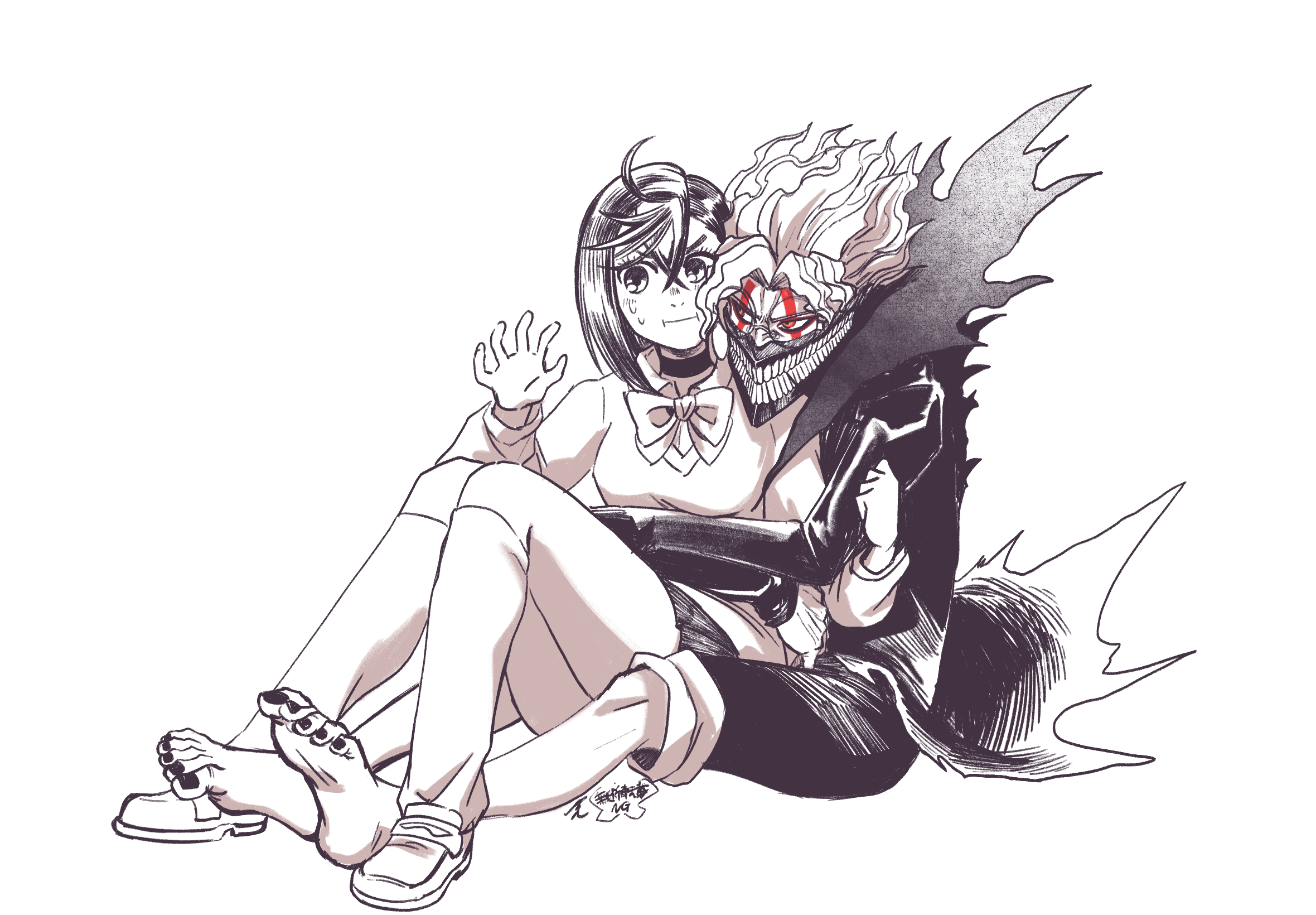 yuuri (fukuroudou), ayase momo, takakura ken (dandadan), takakura ken (transformed) (dandadan), dandadan, commentary, highres, symbol-only commentary, 1boy, 1girl, arms around waist, barefoot, black choker, bow, bowtie, choker, crossed bangs, earrings, facial mark, full body, gakuran, glasses, hair between eyes, hug, hug from behind, jewelry, kami high school uniform, long sleeves, loose socks, mask, miniskirt, monochrome, mouth mask, pants, pants rolled up, pleated skirt, round eyewear, school uniform, shoes, short hair, sitting, sitting between lap, sitting on lap, sitting on person, skirt, socks, spot color, sweatdrop, sweater, transformation, white background