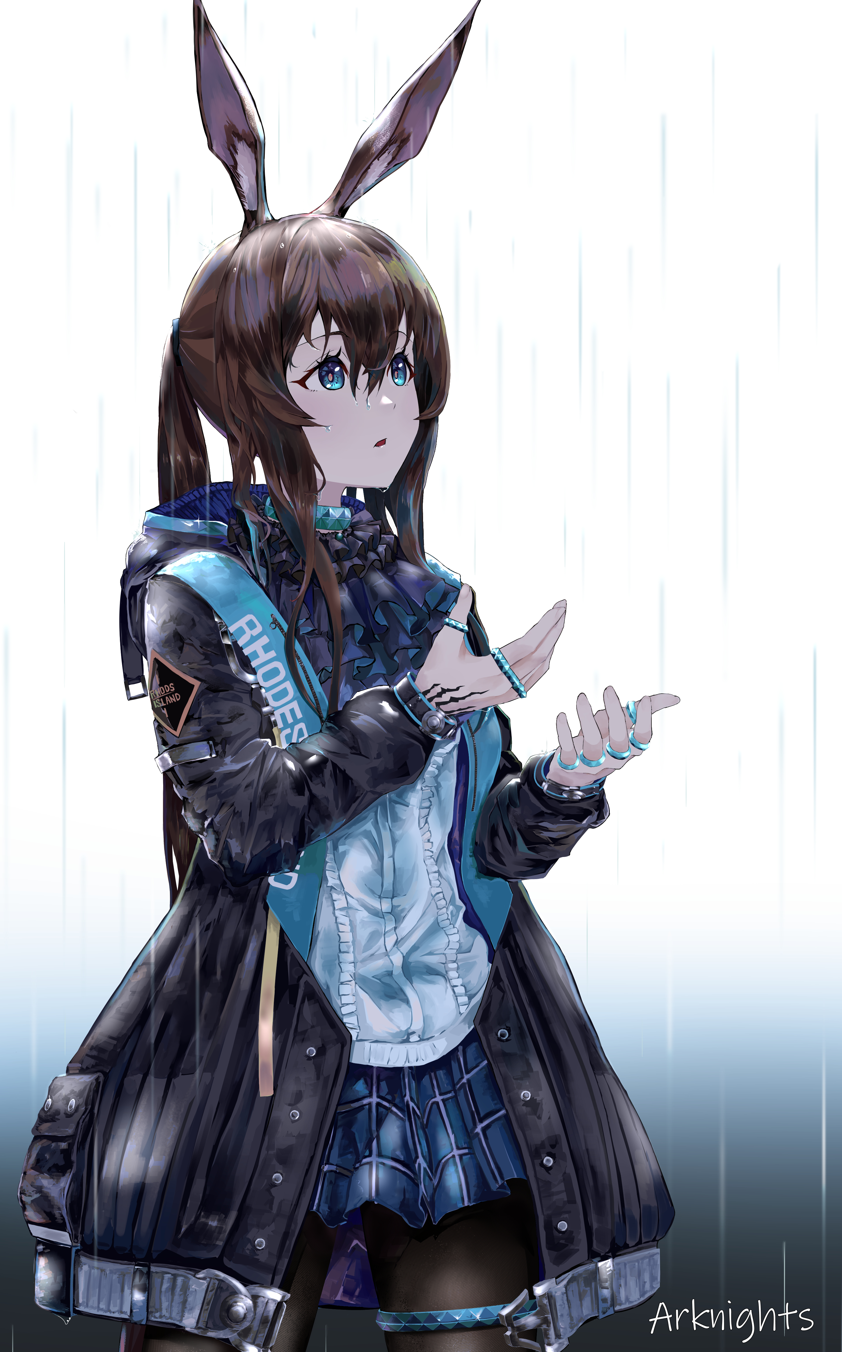 etobane, amiya (arknights), arknights, absurdres, commentary, highres, 1girl, animal ears, aqua collar, ascot, black ascot, black jacket, black pantyhose, blue eyes, blue skirt, brown hair, center frills, clothes writing, collar, copyright name, cowboy shot, fingernails, frilled sweater, frills, hair between eyes, hood, hood down, hooded jacket, jacket, jewelry, long hair, long sleeves, looking up, material growth, miniskirt, multiple rings, open clothes, open jacket, oripathy lesion (arknights), outdoors, pantyhose, parted lips, plaid clothes, plaid skirt, rain, ring, sidelocks, skirt, solo, standing, sweater, thighlet, water, wet, wet hair, white sweater
