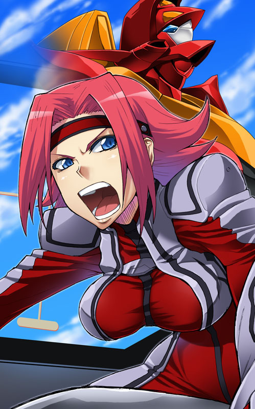 ifuji shinsen, guren (code geass), guren flight-enabled version, guren mk-ii, kouzuki kallen, code geass, pilot suit, 00s, blue eyes, bodysuit, cockpit, headband, mecha, red hair, robot, solo