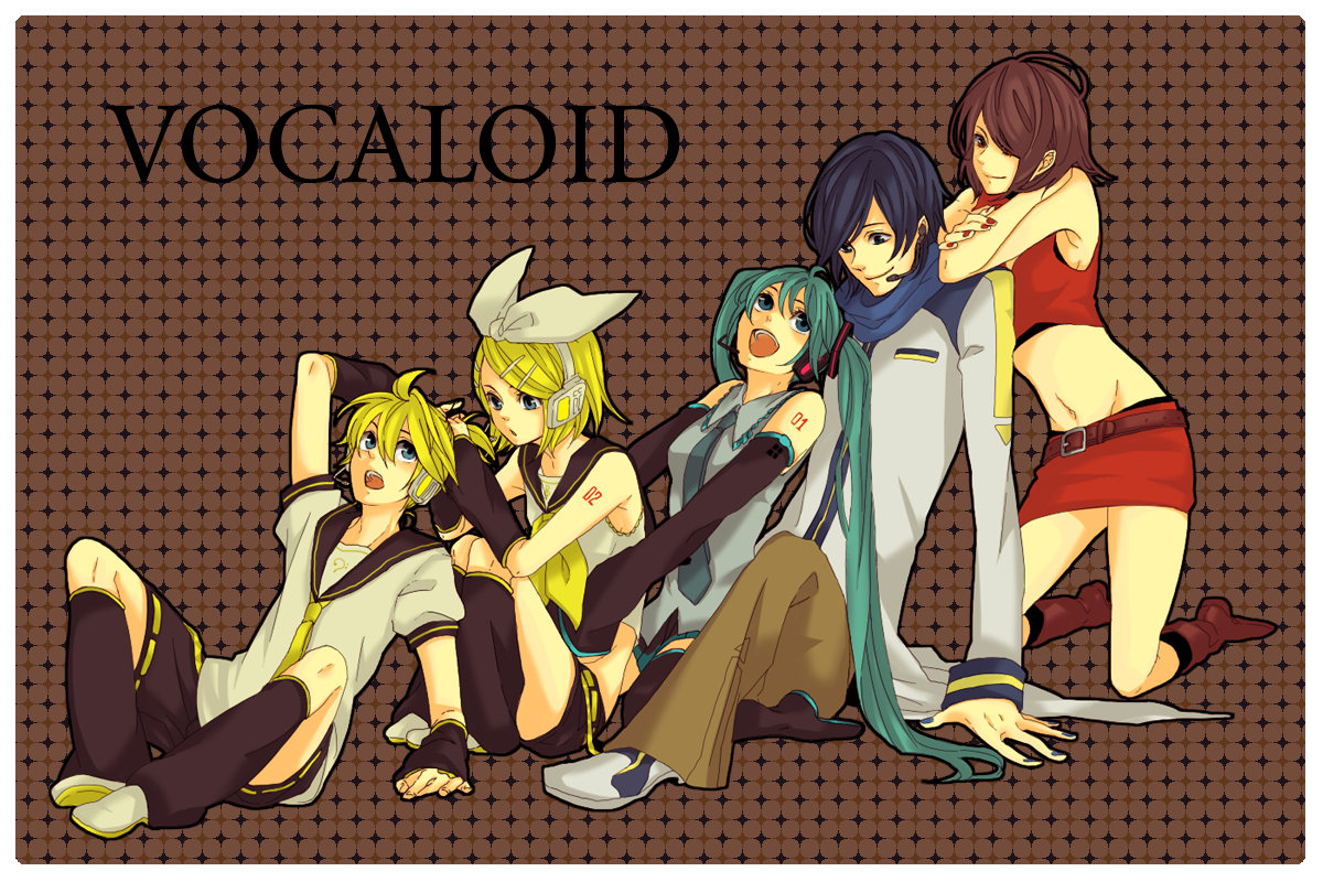 todoroki sora, hatsune miku, kagamine len, kagamine rin, kaito (vocaloid), meiko (vocaloid), vocaloid, bad id, bad pixiv id, 2boys, 3girls, aqua eyes, aqua hair, arm warmers, blonde hair, blue eyes, boots, brother and sister, brown hair, detached sleeves, everyone, hair ornament, hairclip, hug, hug from behind, midriff, multiple boys, multiple girls, nail polish, necktie, purple hair, red eyes, red nails, shorts, siblings, sitting, thigh boots, thighhighs, todorokisora, twins