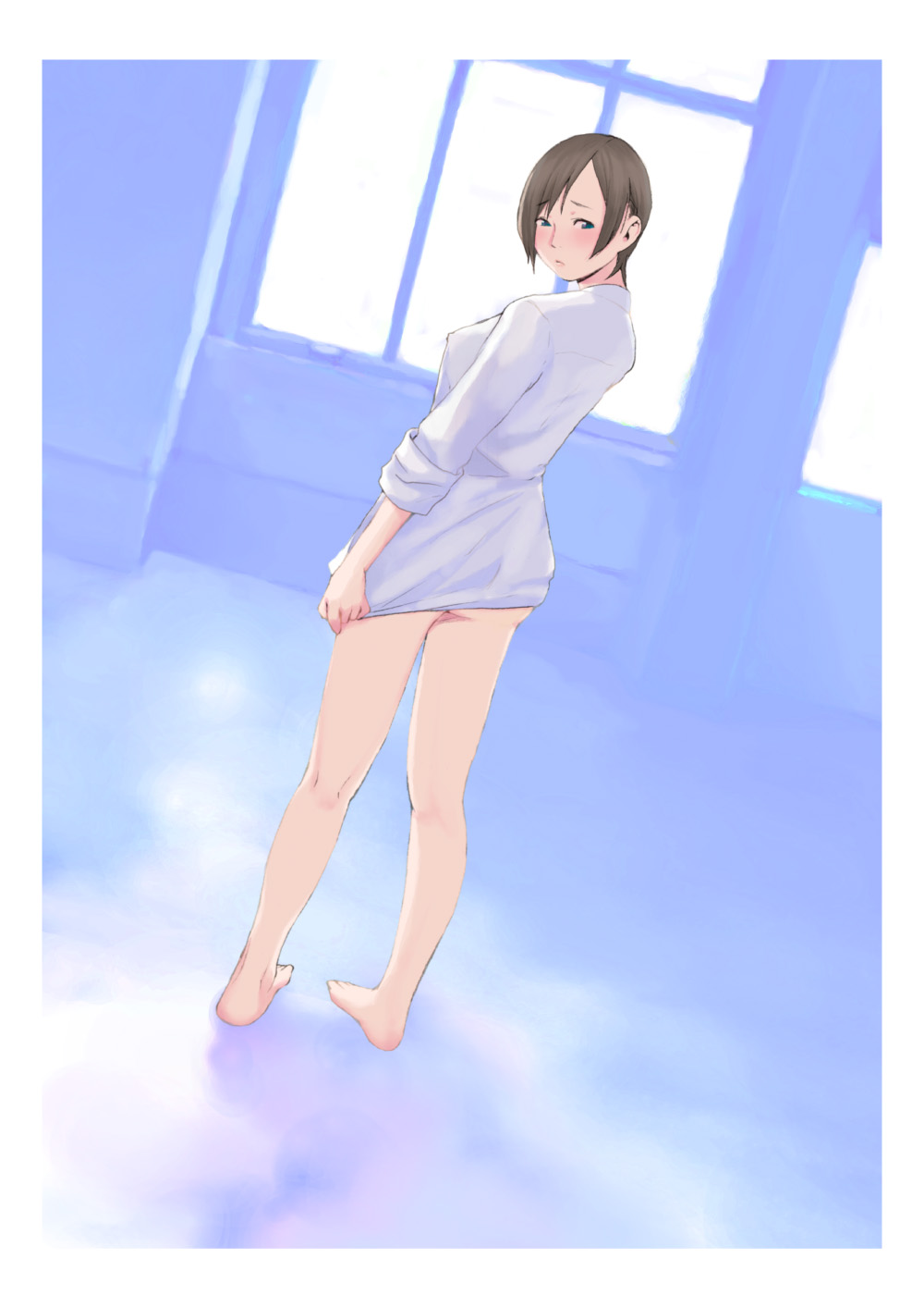 morifumi, original, bad id, bad pixiv id, highres, 1girl, ass, back, bare legs, barefoot, blue eyes, blush, bottomless, brown hair, covering privates, dutch angle, embarrassed, female focus, from behind, looking back, naked shirt, shirt, shirt tug, short hair, solo, window