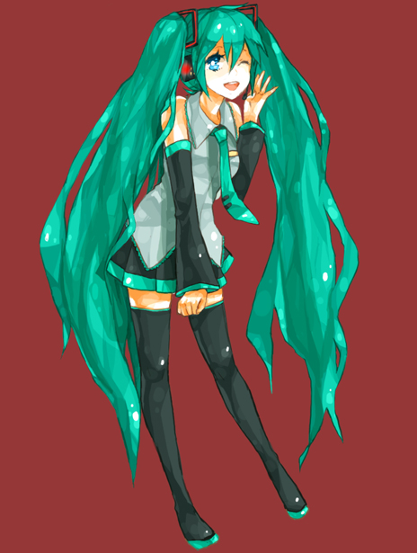 dada, dada (dolce), hatsune miku, vocaloid, bad id, bad pixiv id, 1girl, aqua hair, blue eyes, boots, detached sleeves, female focus, long hair, necktie, one eye closed, solo, thigh boots, thighhighs, twintails, wink