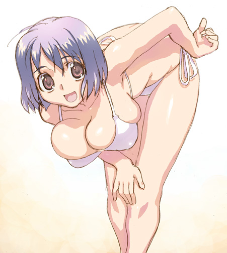 hirose (mokiki), original, 1girl, bent over, bikini, breasts, brown eyes, cleavage, female focus, hand on own hip, huge breasts, large breasts, open mouth, purple hair, short hair, side-tie bikini bottom, simple background, smile, solo, swimsuit, white bikini