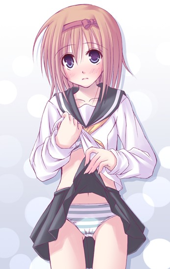 kago no tori, fuyou kaede, shuffle!, 00s, 1girl, blue eyes, bra, clothes lift, dress, female focus, hairband, orange hair, panties, school uniform, serafuku, shirt lift, skirt, skirt lift, solo, striped bra, striped clothes, striped panties, underwear