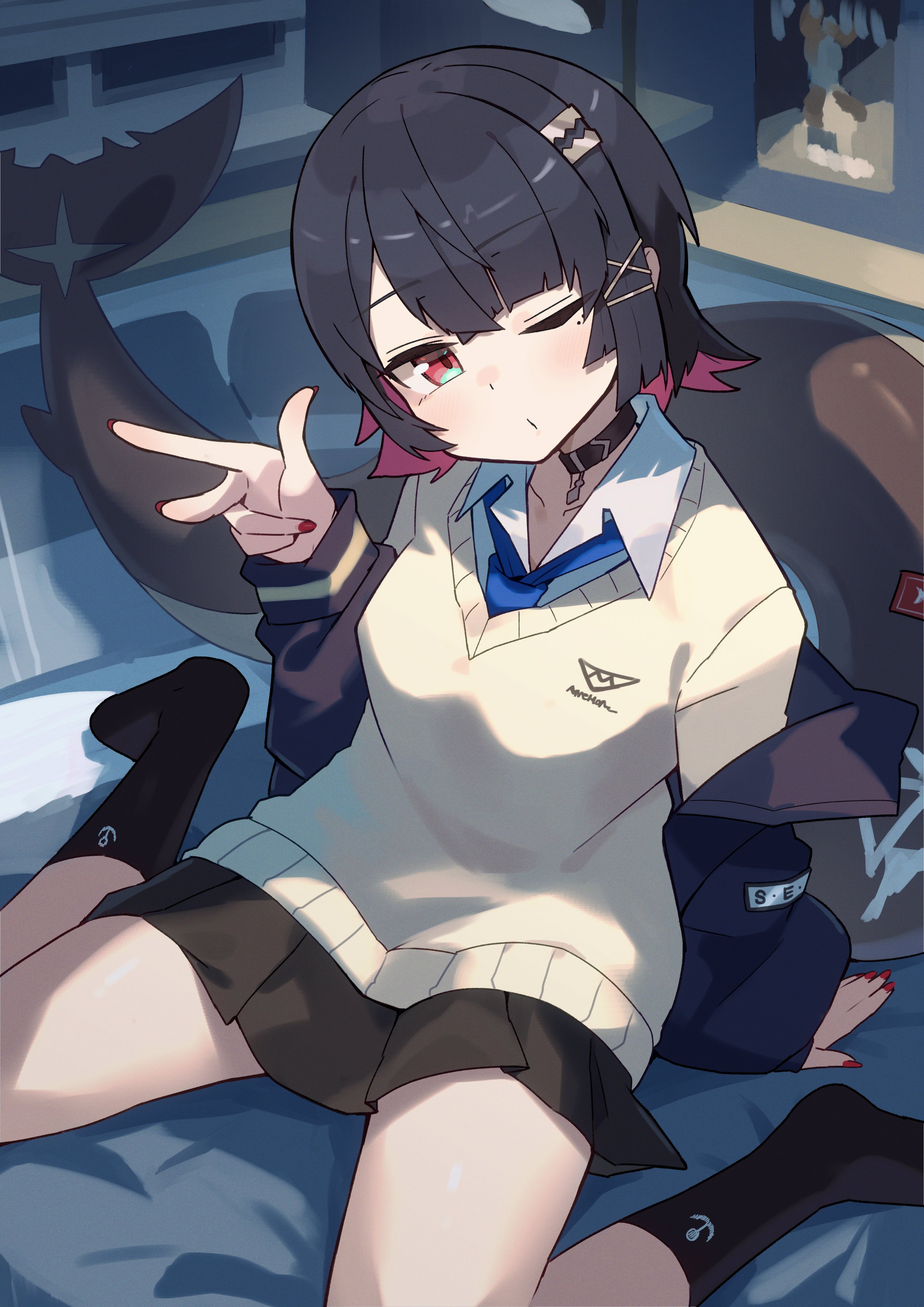 katsu (katsupainter), ellen joe, zenless zone zero, absurdres, highres, 1girl, black skirt, black socks, blue necktie, colored inner hair, fins, fish tail, looking at viewer, mole, mole under eye, multicolored hair, necktie, on bed, one eye closed, open mouth, poster (object), razor blade hair ornament, red eyes, red nails, scar, scar on tail, shark girl, shark tail, shirt, sitting, skirt, socks, solo, sticker, tail, v, white shirt