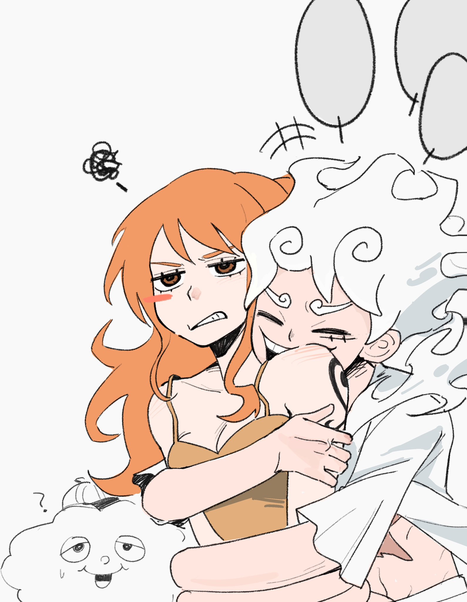 monkey d. luffy, nami (one piece), zeus (one piece), one piece, commentary, english commentary, highres, +++, 1boy, 1girl, ?, arm around waist, bare shoulders, blush stickers, brown eyes, camisole, closed eyes, cloud, collarbone, devil fruit power, elasticity, facial scar, gear fifth, hat, hug, hug from behind, long hair, mini hat, open clothes, open mouth, open shirt, orange hair, parted lips, scar, scar on cheek, scar on face, shirt, shoulder tattoo, sidelocks, smile, spaghetti strap, squiggle, sweatdrop, tattoo, tonimoon, transformation, upper body, wavy hair, white hair, white shirt