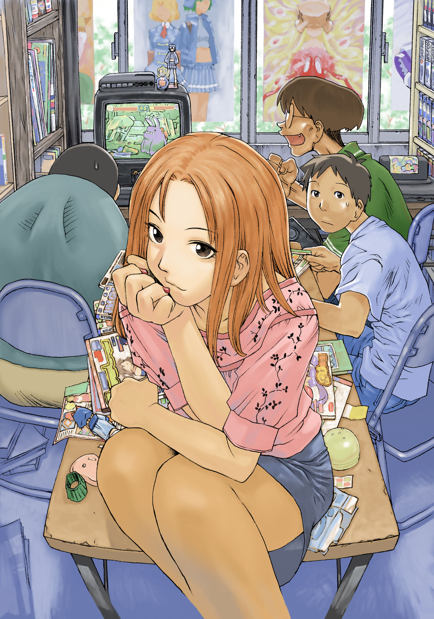 kio shimoku, akiyama tokino, kasukabe saki, kugayama mitsunori, madarame harunobu, ritsuko kubel kettenkrad, sasahara kanji, genshiken, highres, official art, 1girl, 3boys, absurdly detailed composition, akiyama tokino (kujibiki unbalance ova), blouse, blue shirt, bookshelf, brown hair, clubroom, cover, cover page, fang, fighting game, figure, from behind, green shirt, legs together, loaded interior, looking at viewer, manga cover, miniskirt, multiple boys, open mouth, orange hair, otaku room, pink shirt, playing games, poster (object), pov, red nails, shelf, shirt, sitting, sitting on table, skirt, smile, sweatdrop, tachibana izumi (kujibiki unbalance), television, white shirt, window