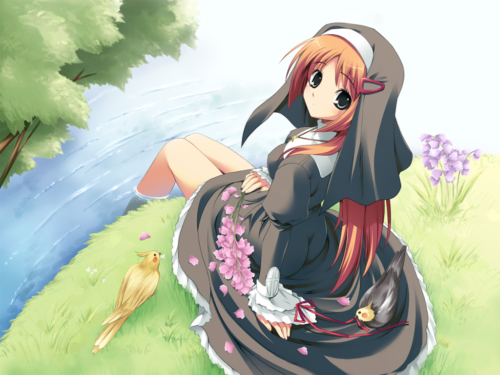 habit, 1girl, bird, black eyes, cockatiel, coif, cross, dress, female focus, flower, grass, grey eyes, hair ornament, hairclip, long hair, nun, orange hair, red hair, ribbon, sitting, soaking feet, solo, water