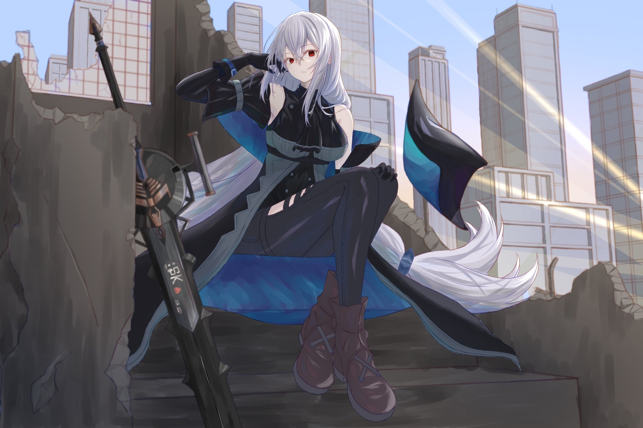 skadi (arknights), arknights, commentary request, highres, 1girl, ankle boots, arm up, ascot, bare shoulders, black ascot, black gloves, black pantyhose, boots, breasts, brown boots, building, day, elbow gloves, full body, gloves, grey hair, hair between eyes, hand in own hair, hand on own knee, honey trapped (honey holic), light rays, long hair, looking at viewer, medium breasts, outdoors, pantyhose, parted lips, red eyes, ruins, sitting, skyscraper, sleeveless, solo, sword, very long hair, weapon