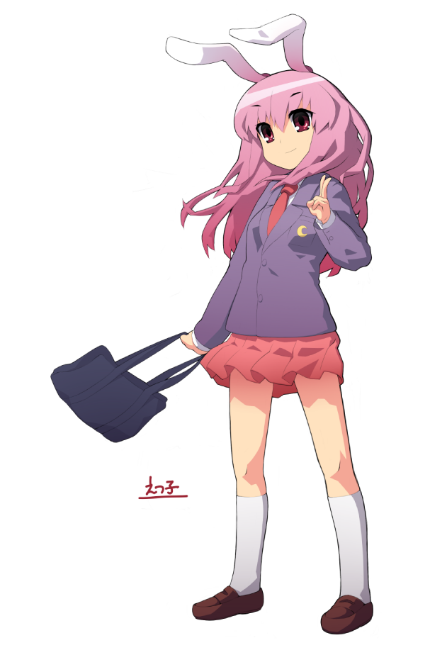 ettamu, reisen udongein inaba, touhou, bad id, bad pixiv id, 1girl, animal ears, bag, female focus, full body, long hair, purple hair, rabbit ears, red eyes, simple background, skirt, solo, v, white background