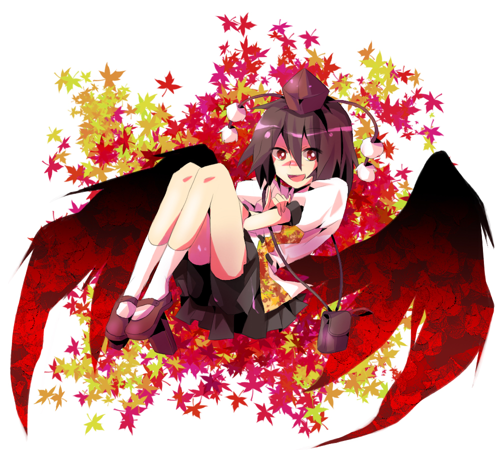 shiratamako, shameimaru aya, touhou, bad id, bad pixiv id, 1girl, autumn, bike shorts, bike shorts under skirt, black hair, camera, female focus, geta, hat, leaf, looking at viewer, open mouth, red eyes, short hair, shorts, shorts under skirt, skirt, smile, solo, tengu-geta, wings