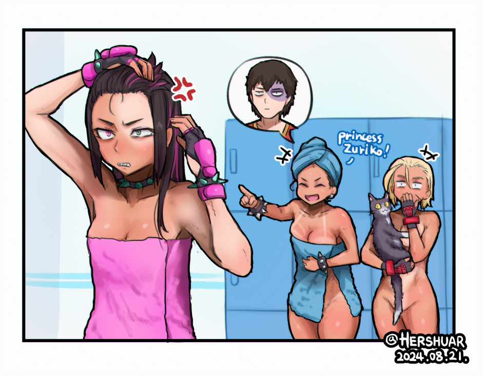 hershuar, tuxedo cat, cammy white, chun-li, han juri, zuko, avatar: the last airbender, avatar legends, capcom, street fighter, street fighter 6, +++, 3girls, anger vein, artist name, black hair, blonde hair, bracelet, breasts, burn scar, cat, closed eyes, completely nude, convenient censoring, dated, green eyes, heterochromia, jewelry, laughing, locker, locker room, multiple girls, naked towel, nude, open mouth, pink eyes, pointing, scar, smile, speech bubble, spiked bracelet, spikes, spoken character, stifled laugh, tail censor, tan, tanline, towel, towel on head, twitter username