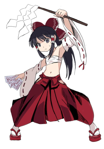 flx, bushidou (sekaiju), bushidou 2 (sekaiju), hakurei reimu, etrian odyssey, touhou, lowres, 1girl, black eyes, black hair, chest sarashi, detached sleeves, female focus, gohei, japanese clothes, miko, ofuda, parody, ribbon, sarashi, solo