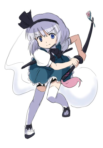 flx, konpaku youmu, konpaku youmu (ghost), etrian odyssey, touhou, silver hair, lowres, 1girl, blue eyes, child, female focus, fighting stance, ghost, hairband, hitodama, katana, parody, ready to draw, ribbon, sheath, sheathed, short hair, solo, sword, thighhighs, weapon
