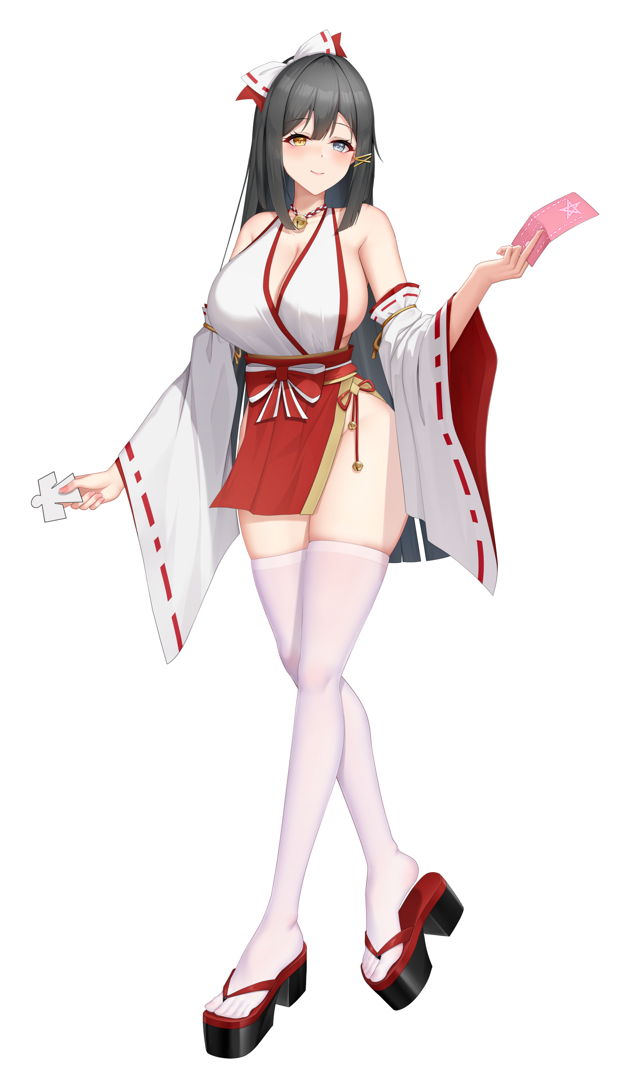 tsuki (exorcist onmyoji), absurdres, game cg, highres, non-web source, official art, 1girl, bare hips, bare shoulders, bell, between fingers, black hair, blue eyes, bow, breasts, cleavage, cleavage cutout, clothing cutout, detached sleeves, exorcist onmyoji, full body, furisode sleeves, geta, groin, hair bow, heterochromia, holding, japanese clothes, kimono, large breasts, long hair, nontraditional miko, ofuda, ofuda between fingers, open mouth, paper cutout, paper doll, pelvic curtain, ribbon-trimmed sleeves, ribbon trim, shikigami, shiny skin, sideboob, skindentation, smile, solo, teeth, thighhighs, thighs, transparent background, very long hair, white thighhighs, yellow eyes