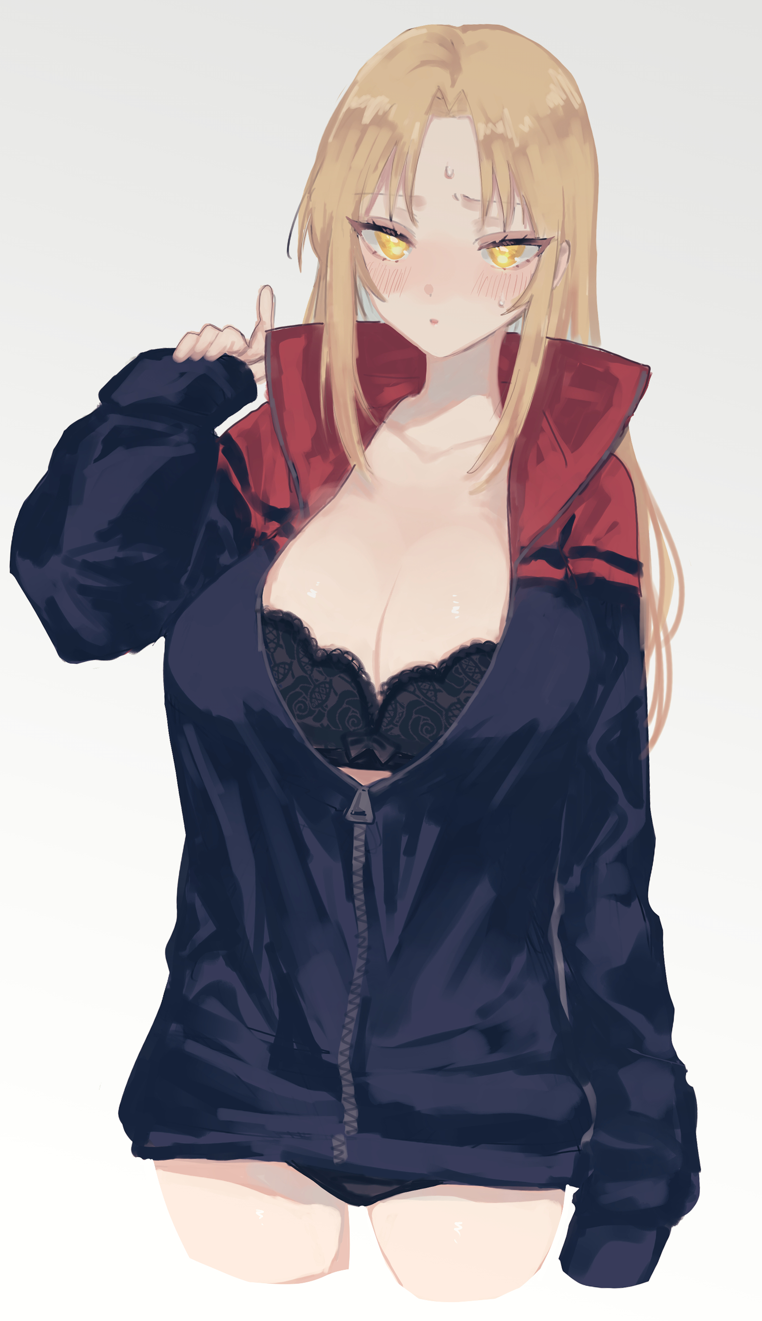 eurasia (wtp09ptw14), original, absurdres, commentary request, highres, 1girl, black bra, black jacket, black panties, blonde hair, blush, bra, breasts, cleavage, cropped legs, index finger raised, jacket, large breasts, long hair, long sleeves, looking at viewer, panties, parted bangs, parted lips, partially unzipped, simple background, sleeves past wrists, solo, sweat, underwear, white background, yellow eyes, zipper, zipper pull tab