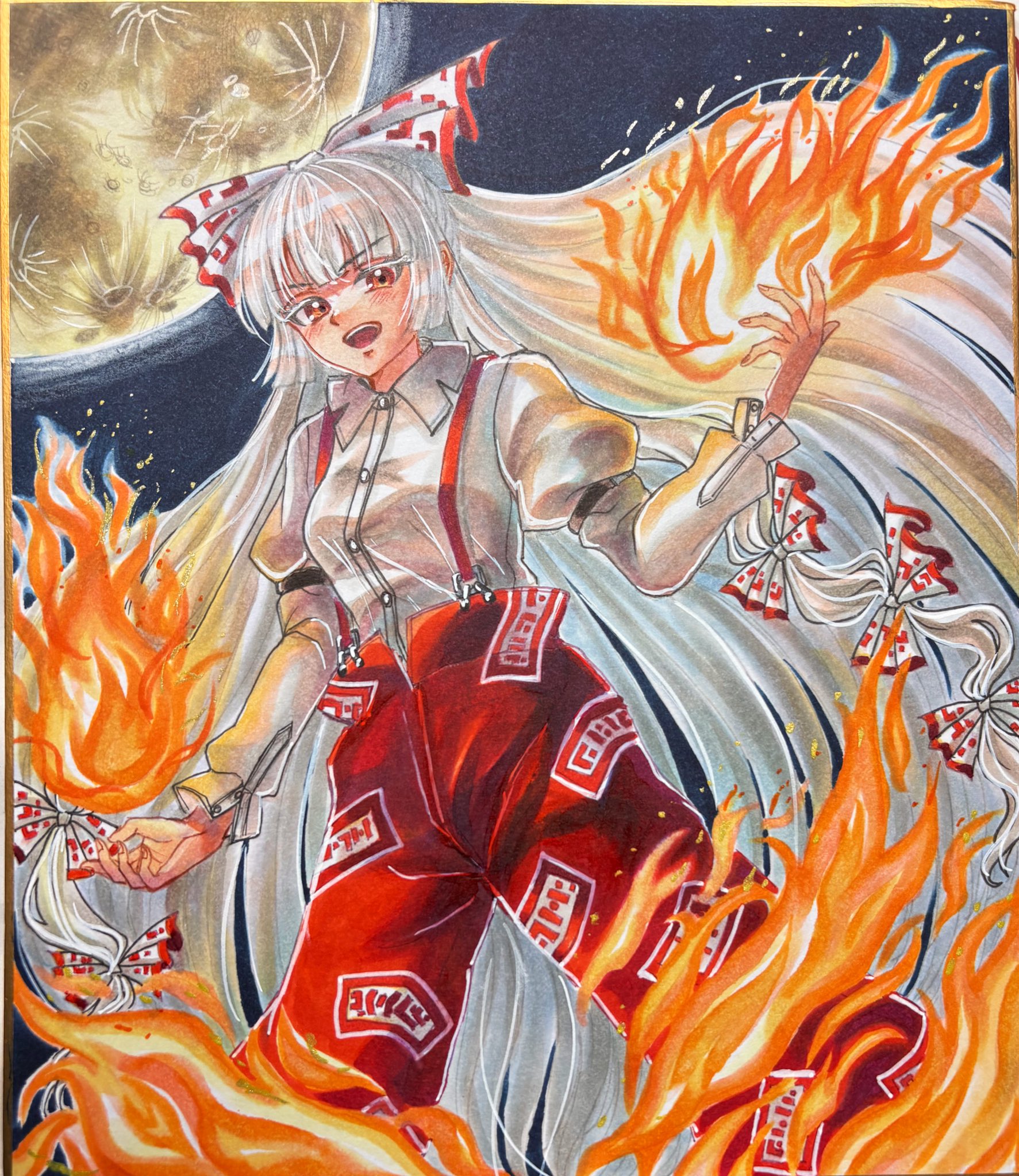 mitsu~, fujiwara no mokou, touhou, highres, traditional media, 1girl, baggy pants, bow, collared shirt, dress shirt, fire, hair bow, hime cut, long sleeves, ofuda, ofuda on clothes, pants, red eyes, red pants, shirt, sidelocks, solo, suspenders, white bow, white shirt