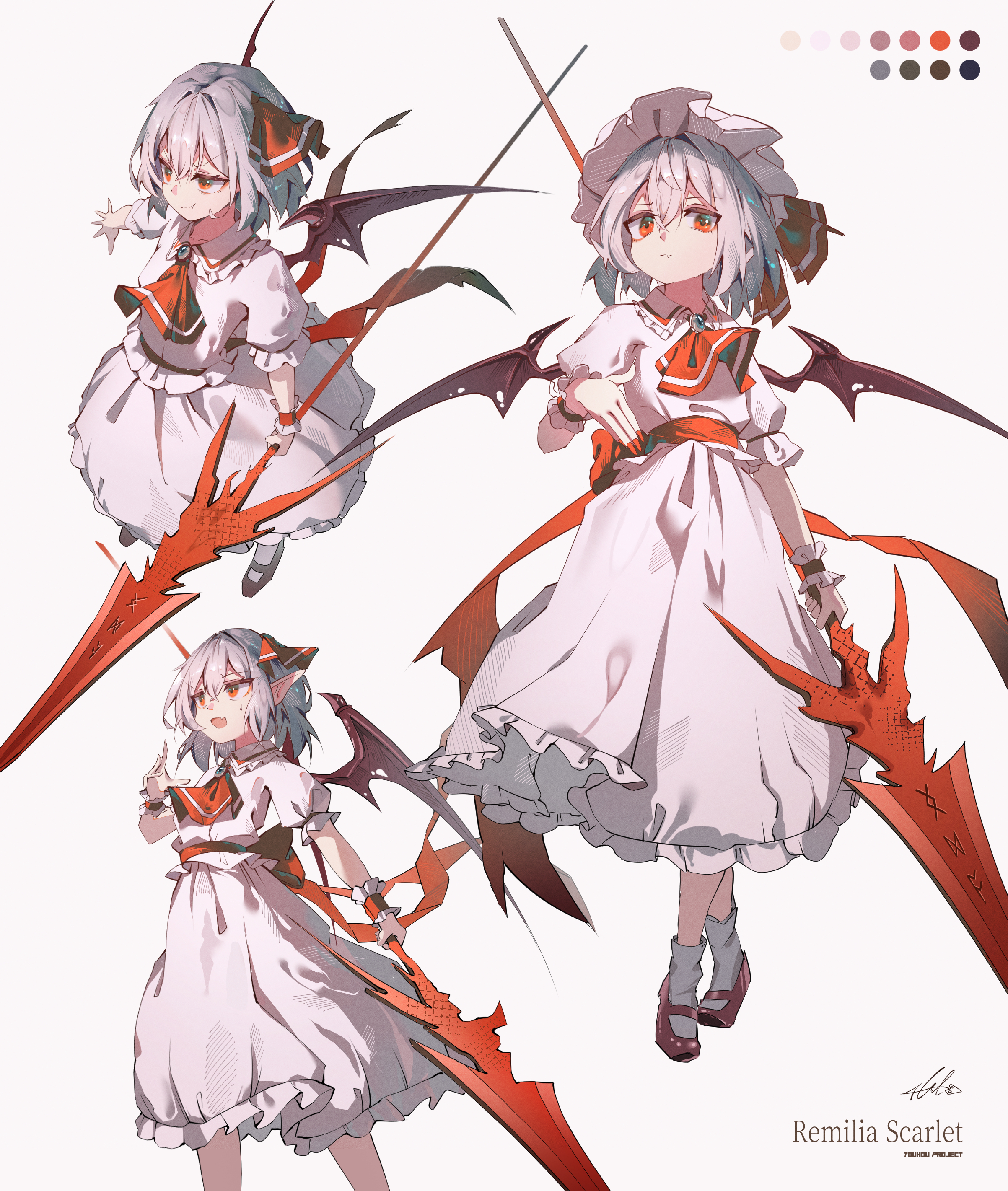 ycl 060, remilia scarlet, touhou, absurdres, commentary, highres, 1girl, ascot, bat wings, blue hair, brooch, character name, collared shirt, fingernails, frilled shirt collar, frills, full body, hair between eyes, hat, hat ribbon, holding, holding polearm, holding weapon, jewelry, long fingernails, looking at viewer, mary janes, mob cap, multiple views, pink hat, pink shirt, pink skirt, polearm, puffy short sleeves, puffy sleeves, red ascot, red eyes, red nails, red ribbon, red shoes, ribbon, shirt, shoes, short hair, short sleeves, simple background, skirt, spear, spear the gungnir, weapon, wings, wrist cuffs