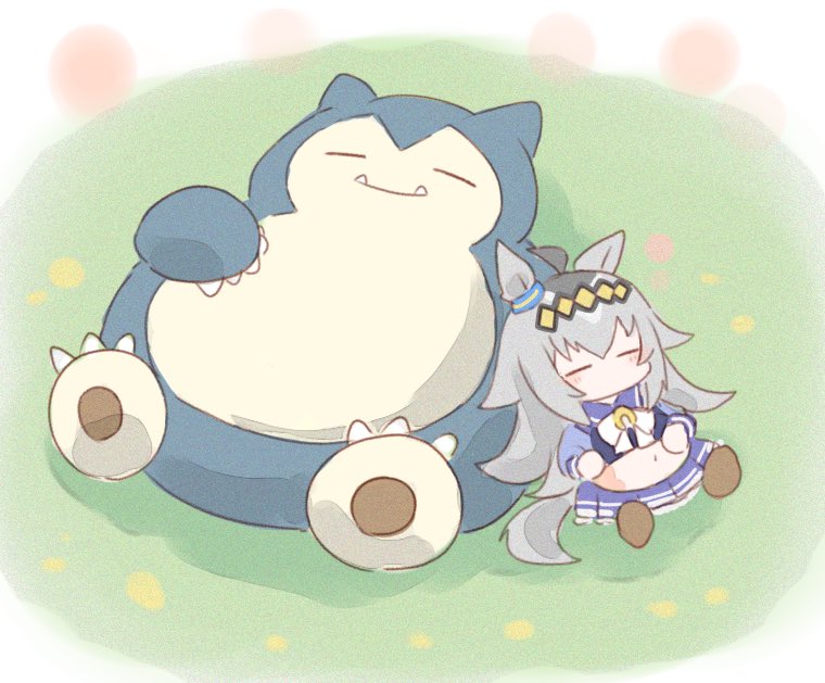 mokuroo, oguri cap (umamusume), snorlax, nintendo, pokemon, umamusume, 1girl, ahoge, animal ears, bloated, bow, claws, closed eyes, closed mouth, ear ornament, fangs, gen 1 pokemon, grey hair, grey tail, hair between eyes, hair ornament, hairband, horse ears, horse girl, horse tail, long hair, long sleeves, multicolored hair, navel, pokemon (creature), purple sailor collar, purple serafuku, purple shirt, purple skirt, sailor collar, sailor shirt, school uniform, serafuku, shirt, skirt, sleeping, smile, stomach, tail, tracen school uniform, white bow, white skirt