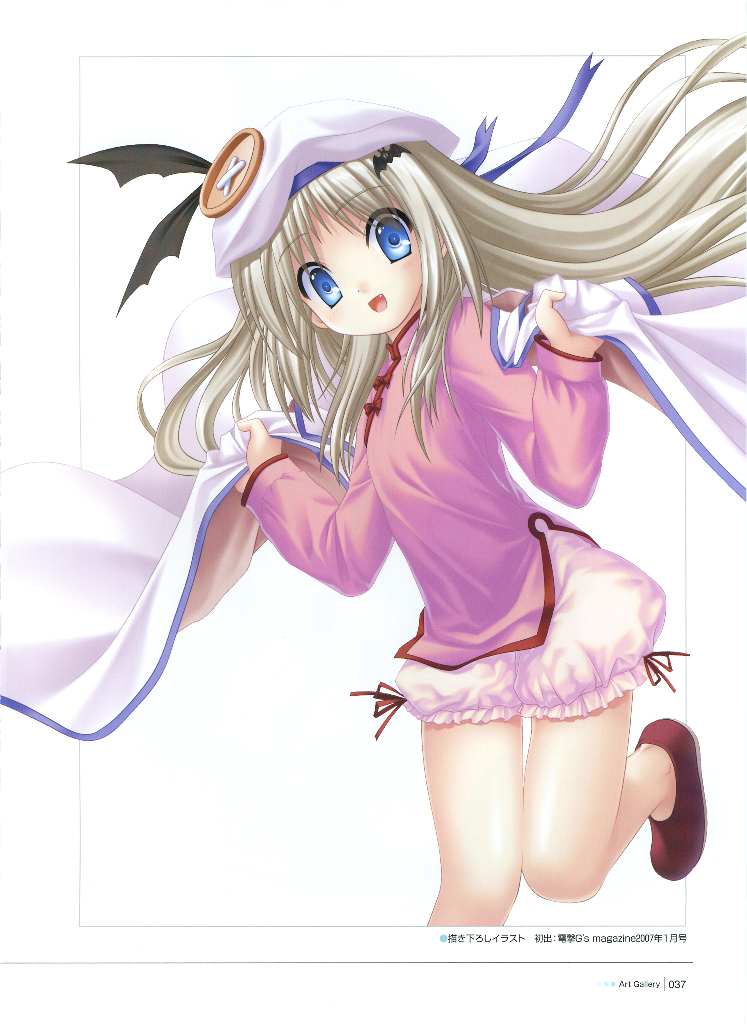 na-ga, noumi kudryavka, little busters!, silver hair, absurdres, highres, scan, 1girl, blue eyes, buttons, cape, child, fang, female focus, hat, large buttons, long hair, simple background, solo