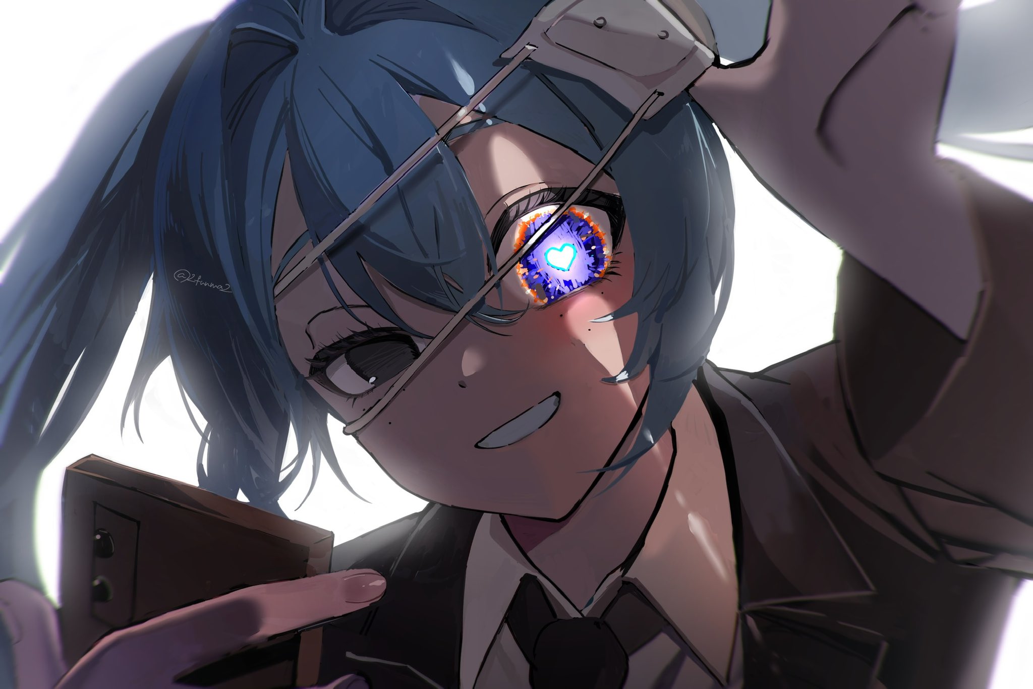 2funma2, hatsune miku, monitoring (vocaloid), vocaloid, highres, 1girl, aqua hair, cellphone, collared shirt, eyepatch, eyepatch pull, grey eyes, grin, heart, heart-shaped pupils, heterochromia, holding, holding phone, jacket, lapels, long hair, medical eyepatch, necktie, phone, purple eyes, shirt, simple background, smartphone, smile, solo, symbol-shaped pupils, twintails, uneven eyes, upper body, white background