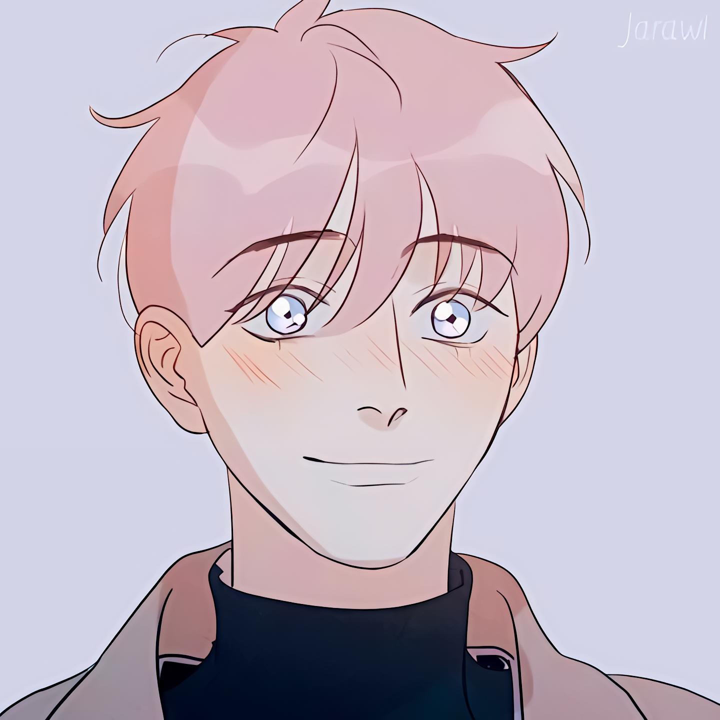 here u are, blush, boys love, grey background, happy, jiyuan, looking at viewer, male focus, pink hair, short hair, smile, upper body