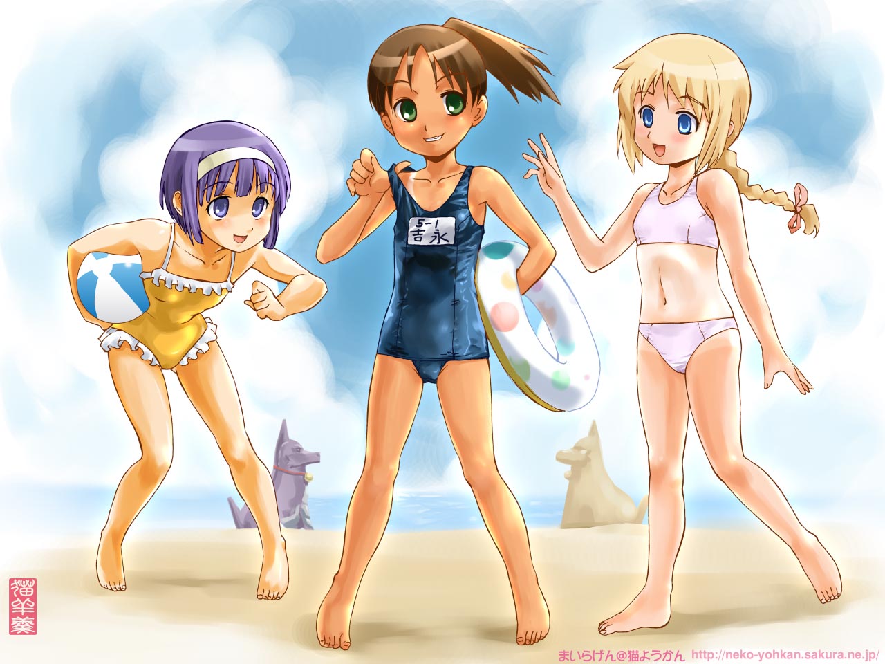 maira gen, lili hamilton, onodera mimori, yoshinaga futaba, yoshinaga-san'chi no gargoyle, 00s, 3girls, ball, barefoot, beach, beachball, bikini, blonde hair, blue eyes, braid, brown hair, child, day, flat chest, green eyes, hairband, innertube, multiple girls, name tag, one-piece swimsuit, one-piece tan, ponytail, purple eyes, purple hair, school swimsuit, single braid, swim ring, swimsuit, tan, tanline