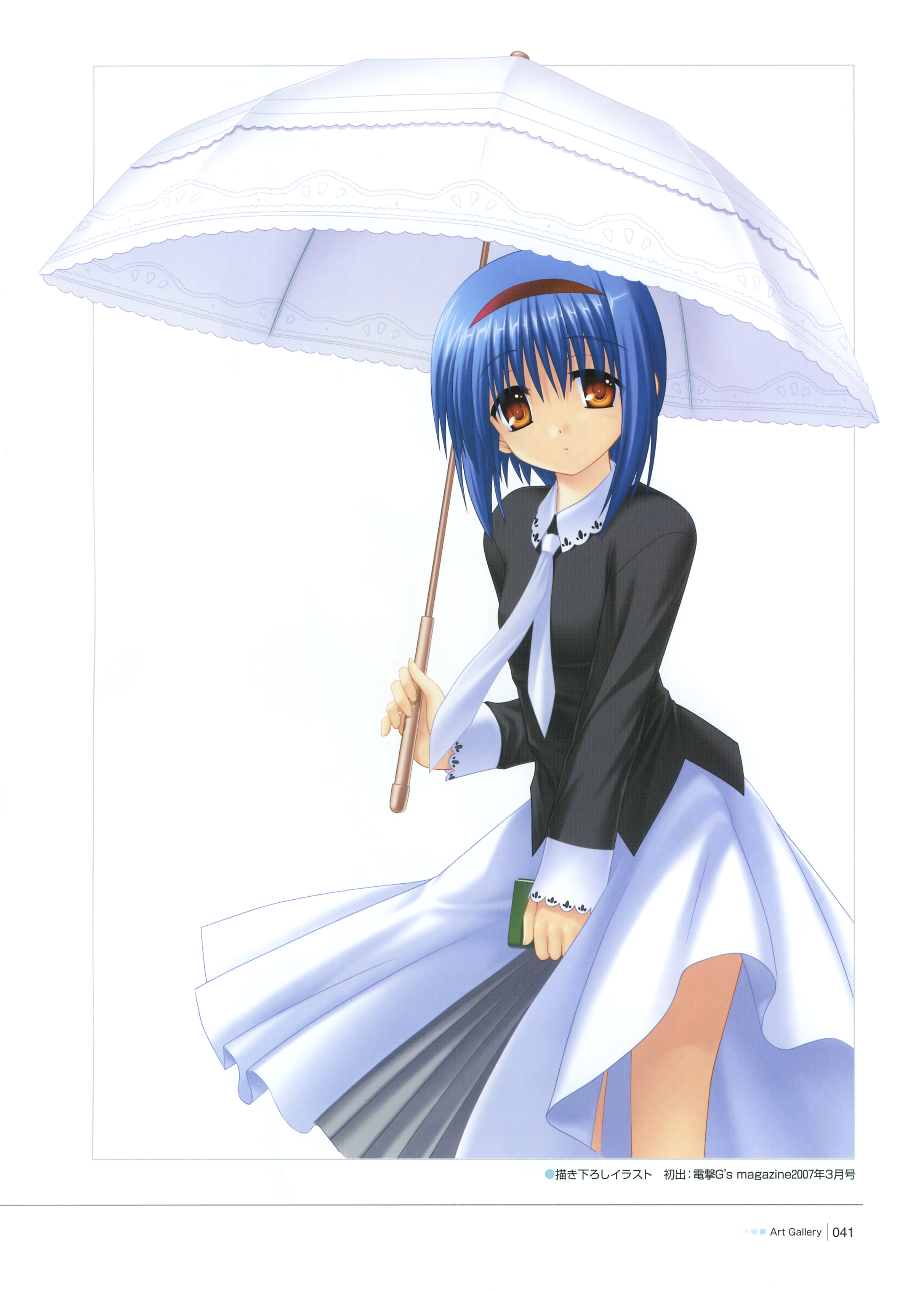 nishizono mio, little busters!, absurdres, highres, scan, blue hair, book, hairband, necktie, orange eyes, parasol, short hair, simple background, solo, umbrella