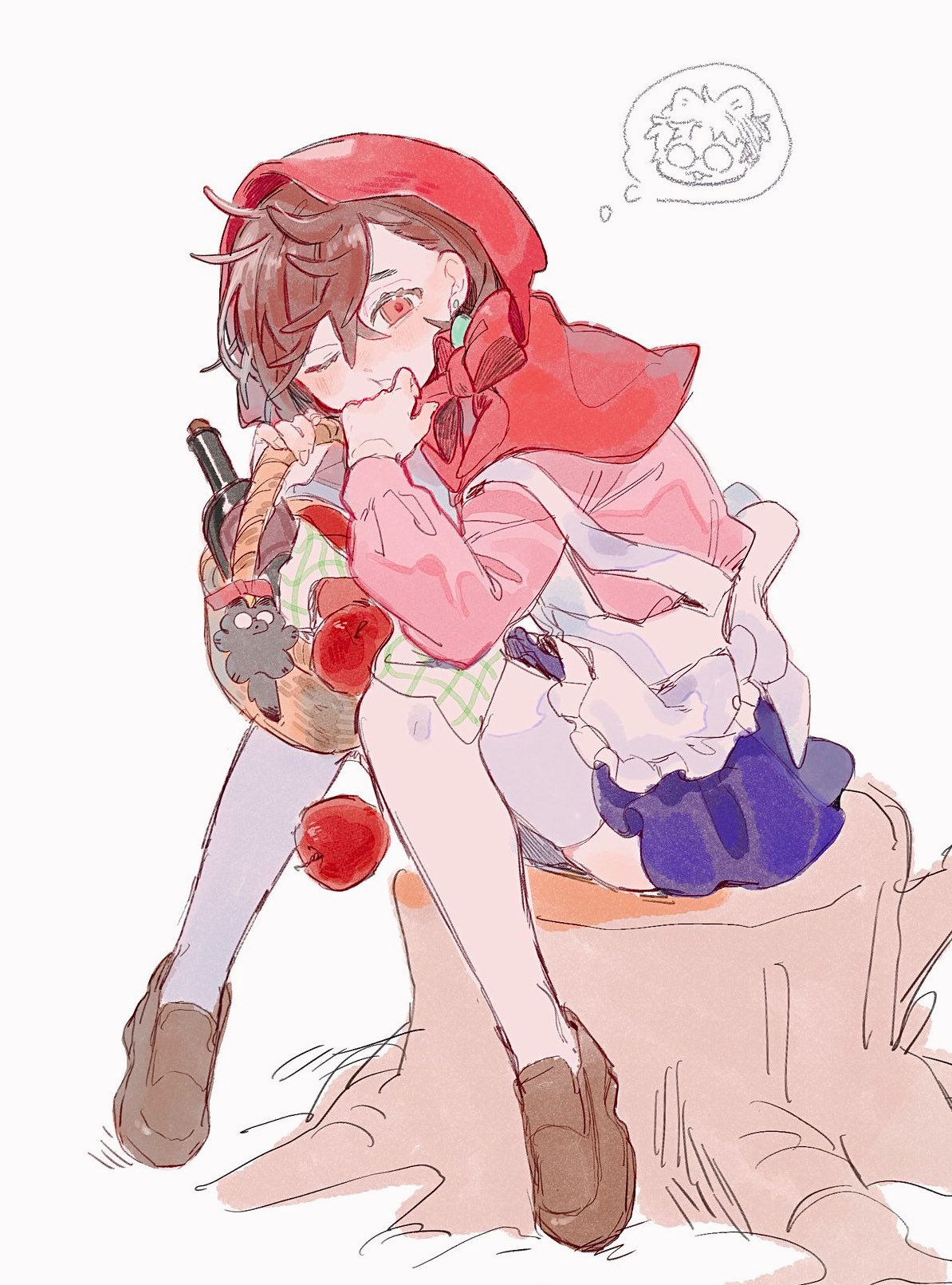 10matomat0, ayase momo, little red riding hood (fairy tale character), takakura ken (dandadan), dandadan, little red riding hood (fairy tale), commentary request, highres, 1boy, 1girl, animal ears, apple, apron, basket, blue skirt, blush, brown eyes, brown hair, brown shoes, closed mouth, cosplay, earrings, food, frilled apron, frills, fruit, full body, glasses, holding, holding basket, jewelry, little red riding hood (fairy tale character) (cosplay), long sleeves, looking at viewer, miniskirt, on tree stump, one eye closed, pink sweater, red hood, shoes, short hair, simple background, sitting, skirt, speech bubble, sweater, thighhighs, thought bubble, tree stump, white apron, white thighhighs, wolf ears