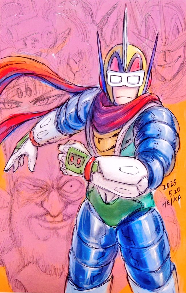 heika (heikahp), waya-hime, bravoman, bravoman (series), commentary, english commentary, traditional media, 1girl, 5boys, armor, artist name, beard, black bravo, closed mouth, dated, dr. bakuda, facial hair, floating scarf, gloves, goggles, grin, helmet, hikimayu, kaname (bravoman), looking at viewer, mask, multiple boys, pistol daimyou, red scarf, scarf, smile, solo focus, standing, sunglasses, white gloves
