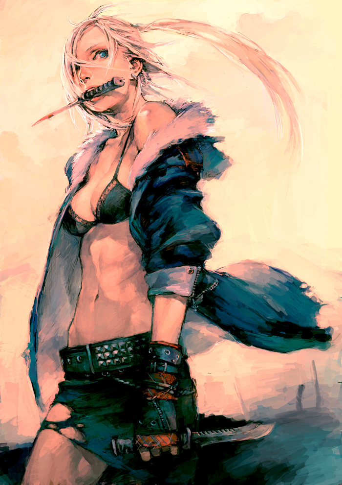 fcp, cat (confidential assassination troop), confidential assassination troop, original, bad id, 1girl, bare shoulders, belt, bikini, bikini top only, black bikini, blood, blue eyes, bra, earrings, female focus, gloves, jacket, jewelry, knife, lace, lingerie, long hair, midriff, mouth hold, ponytail, skirt, solo, swimsuit, torn clothes, underwear, white hair