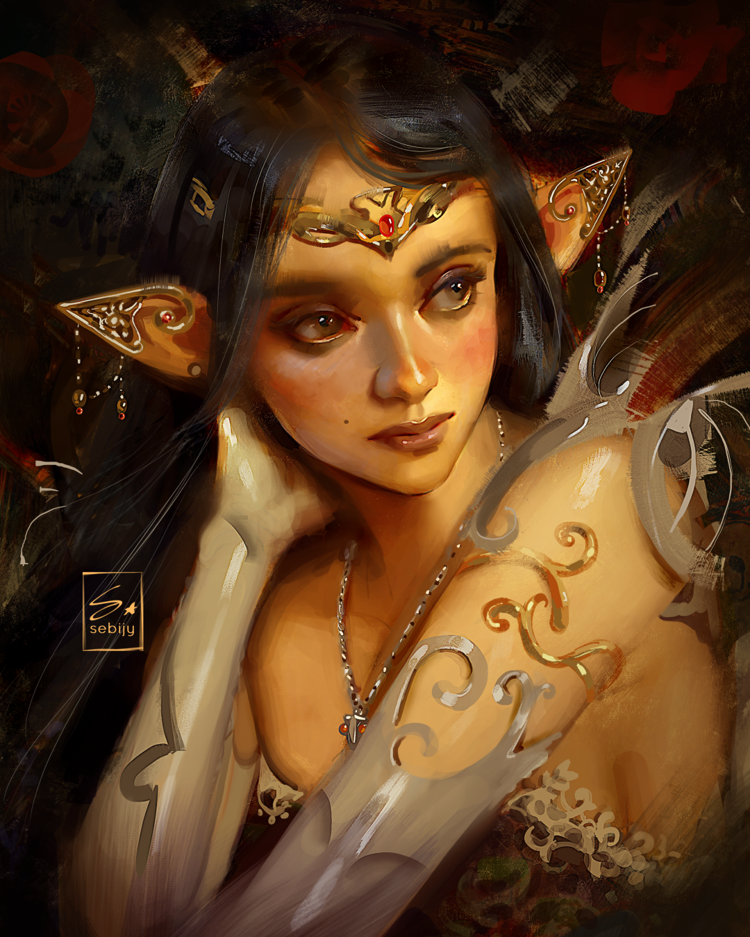 sebijy, original, commentary, english commentary, highres, 1girl, artist name, black hair, breasts, ear piercing, earrings, elbow gloves, gloves, jewelry, long hair, mole, mole above mouth, necklace, painterly, piercing, pointy ears, solo, white gloves
