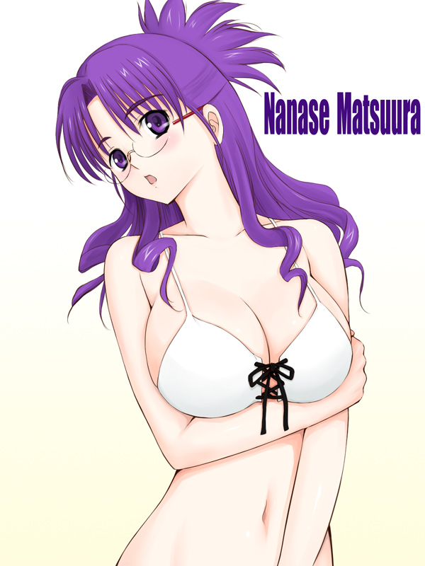 niwatori kokezou, matsuura nanase, macross, macross frontier, 00s, bikini, breasts, cleavage, glasses, huge breasts, large breasts, long hair, purple eyes, purple hair, solo, swimsuit, white bikini