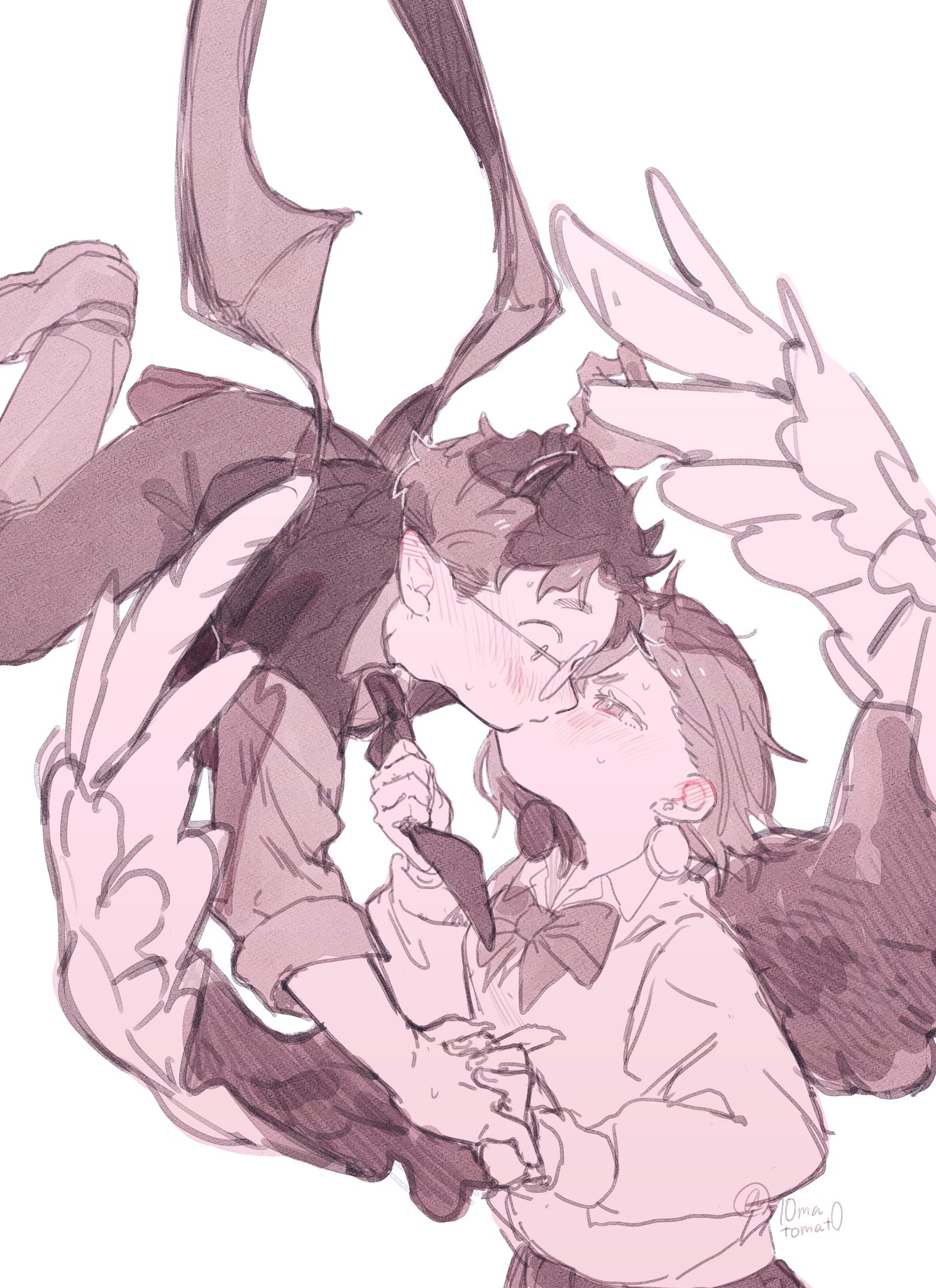 10matomat0, ayase momo, takakura ken (dandadan), dandadan, commentary, highres, 1boy, 1girl, angel wings, blush, bow, bowtie, collared shirt, demon wings, earrings, eye contact, feathered wings, floating hair, glasses, holding hands, holding necktie, interlocked fingers, jewelry, kami high school uniform, kiss, looking at another, monochrome, pants, round eyewear, school uniform, shirt, short hair, sweatdrop, twitter username, upper body, vest, white background, wings