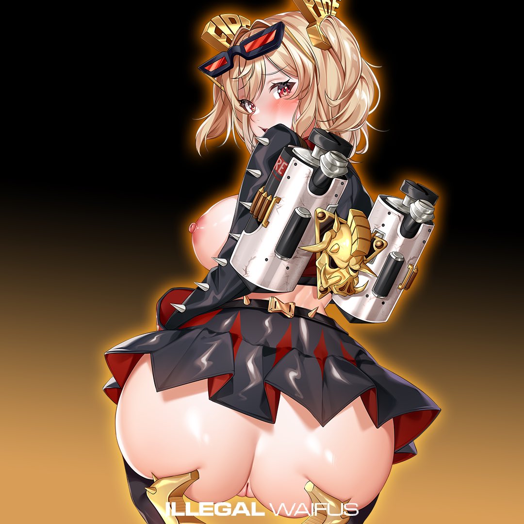 illegalwaifus, burnice white, zenless zone zero, ai-generated, self-upload, 1girl, artist name, ass, ass focus, black boots, black jacket, black shirt, black skirt, blonde hair, blush, boots, breasts, butt crack, cameltoe, eyewear on head, fire, flamethrower, glowing, gold, hair ornament, high heel boots, high heels, huge ass, huge breasts, jacket, large breasts, looking at viewer, looking back, miniskirt, nipples, no bra, no panties, open mouth, pussy, raised eyebrow, red eyes, red jacket, red skirt, seiza, shiny skin, shirt, short hair, sitting, skirt, solo, sons of calydon, spiked belt, spiked boots, spiked jacket, teeth, twintails, watermark, weapon