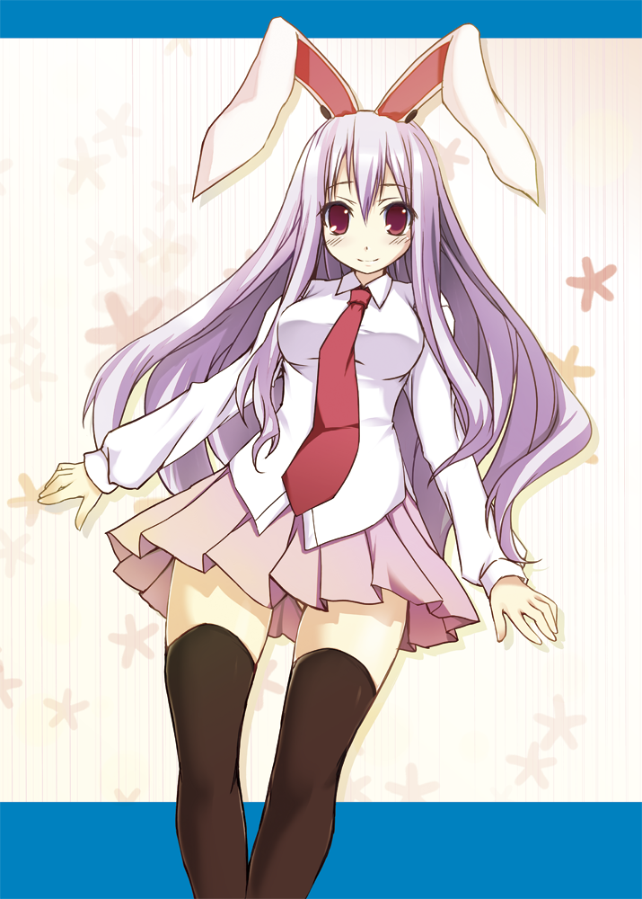 kaneru, reisen udongein inaba, touhou, 1girl, animal ears, black thighhighs, female focus, long hair, necktie, purple hair, rabbit ears, red eyes, red necktie, solo, thighhighs, zettai ryouiki