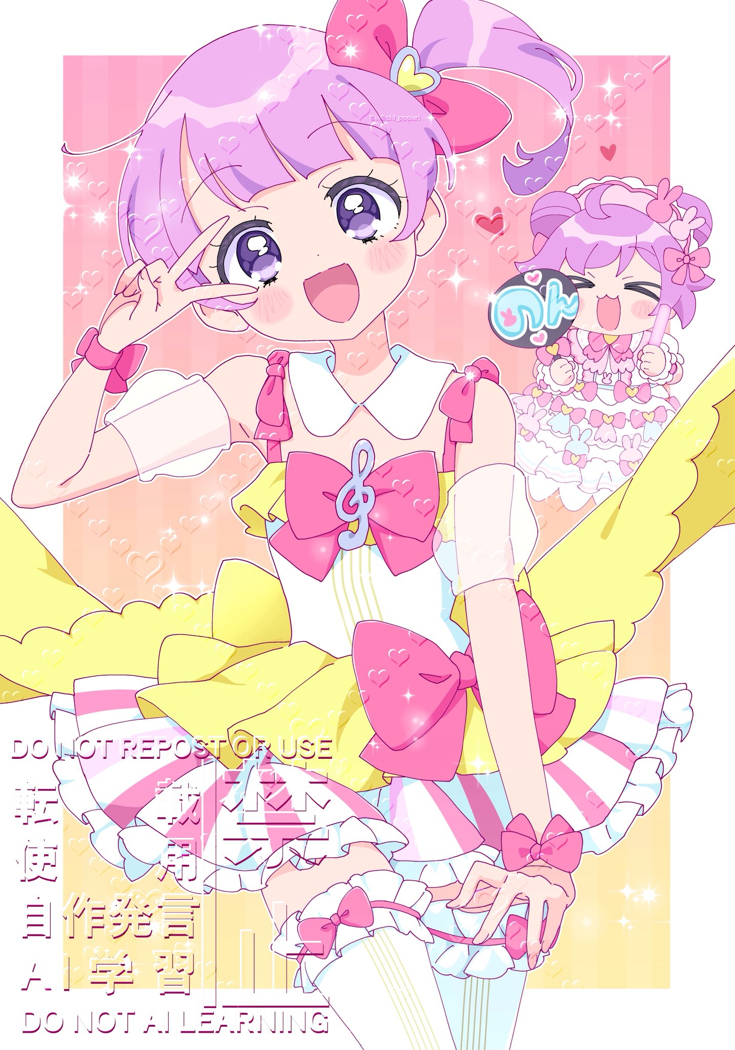 chii (chi pppuri), manaka laala, manaka laala (normal), manaka non, manaka non (normal), pretty series, pripara, highres, > <, 2girls, :3, :d, ahoge, artist name, bare shoulders, blush stickers, border, bow, clenched hands, coattails, collar, copyright notice, cosplay, costume switch, detached collar, detached sleeves, dress, dress bow, english text, frilled dress, frilled garter, frills, gradient background, hand up, heart, holding lightstick, legs together, looking at viewer, multiple girls, one side up, open mouth, outside border, pink background, pink bow, pink dress, pink headdress, purple eyes, purple hair, see-through clothes, see-through sleeves, short dress, short hair, siblings, sisters, smile, solo focus, sparkle, straight hair, thighhighs, treble clef, twitter username, v, v over eye, watermark, white border, white collar, white dress, white sleeves, white thighhighs, wrist bow, yellow background, yellow dress, zettai ryouiki