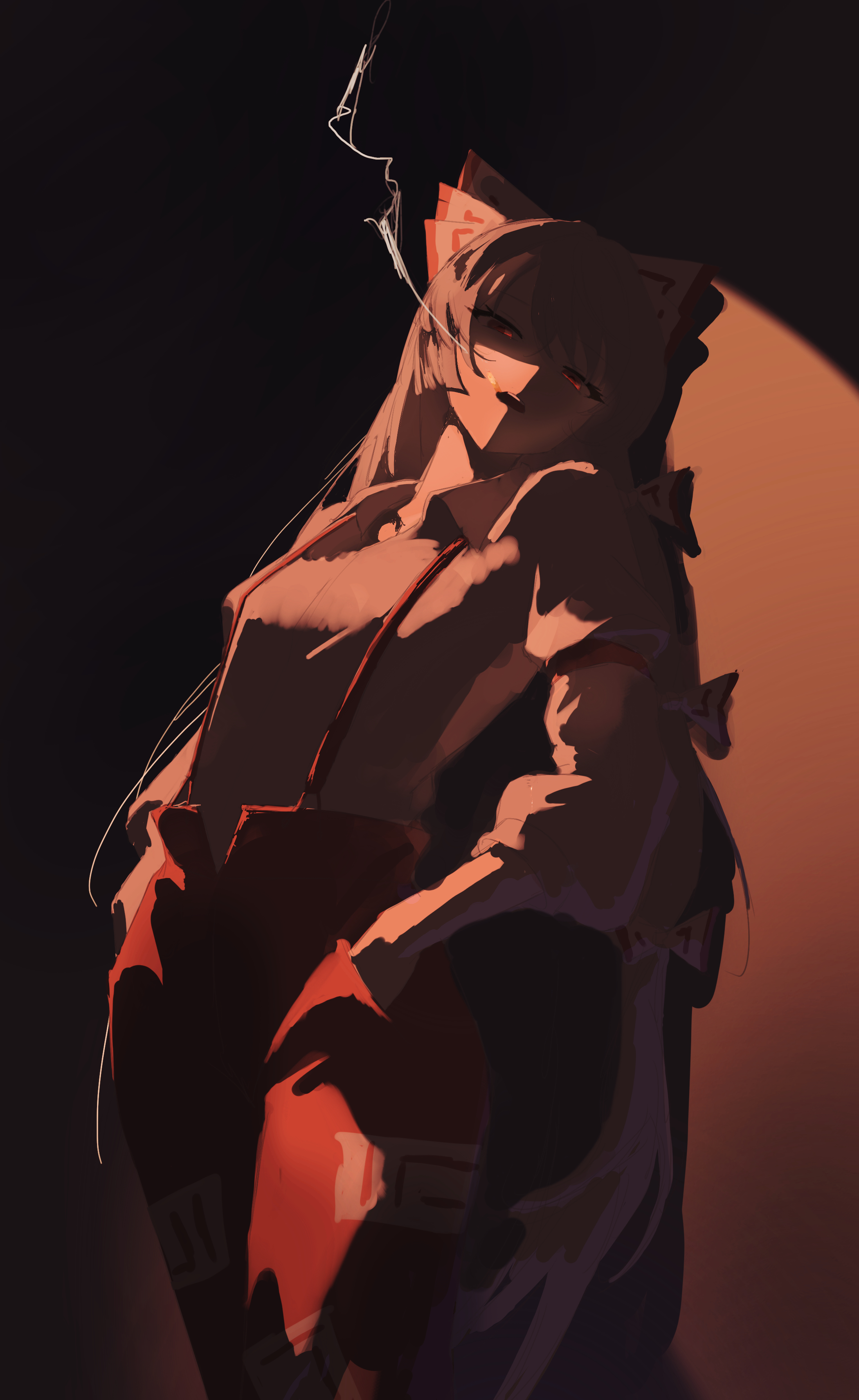 umbrella3650, fujiwara no mokou, touhou, absurdres, commentary, highres, 1girl, armband, bow, glowing, glowing eyes, hair bow, hands in pockets, long hair, looking at viewer, pants, parted lips, red pants, shadow, shirt, smoke, solo, suspenders, white shirt