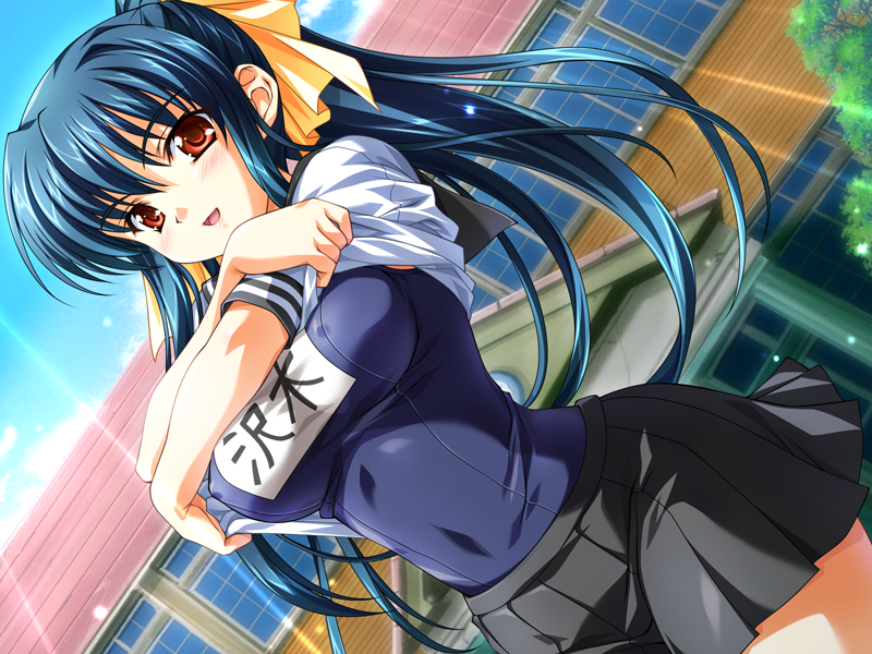 tsukasa yuuki, sawaki mimori, nagisano, game cg, 1girl, blue hair, breasts, clothes lift, covered erect nipples, female focus, hair ribbon, large breasts, long hair, name tag, one-piece swimsuit, ponytail, red eyes, ribbon, school swimsuit, shirt lift, skirt, solo, swimsuit, swimsuit under clothes, undressing