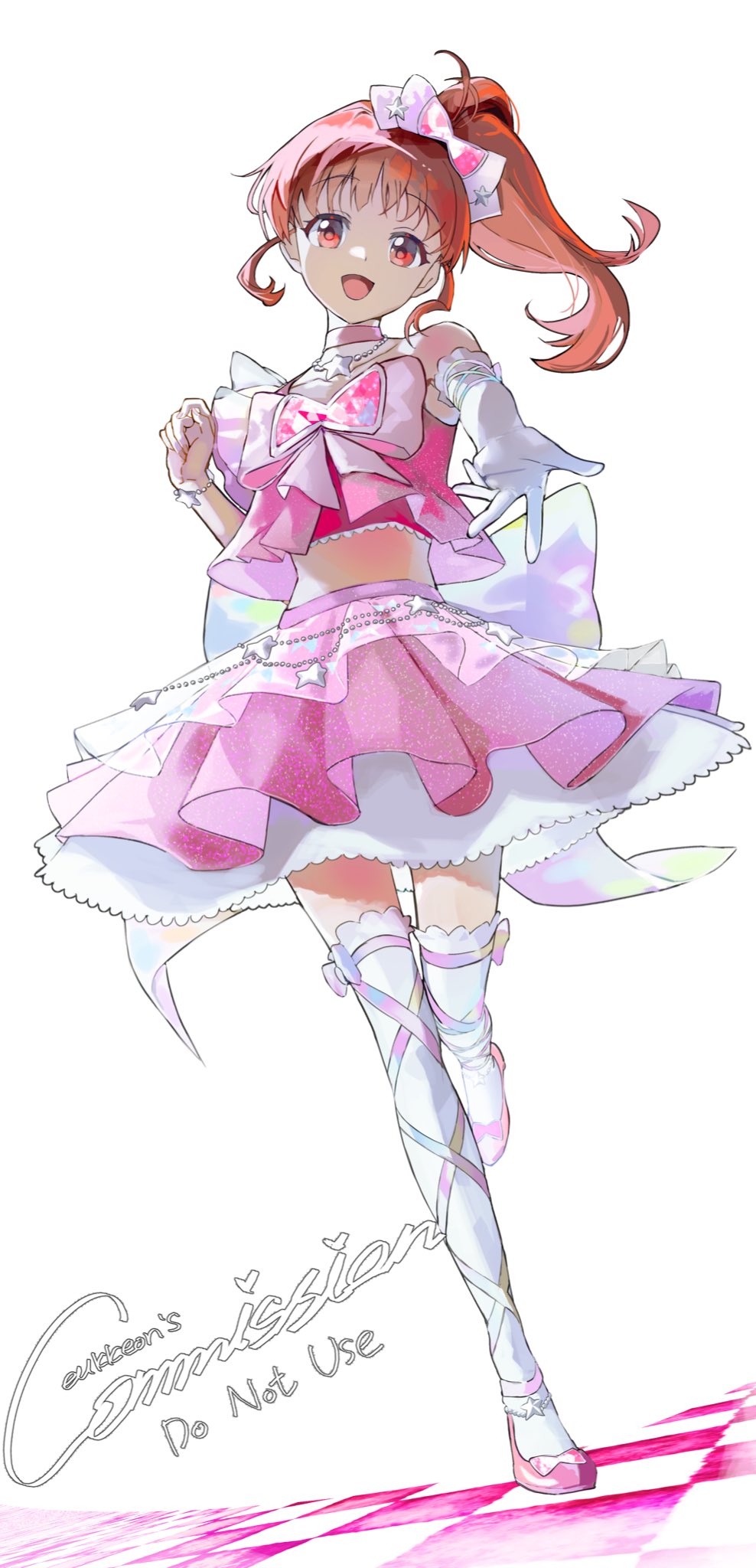 ike 0910, harune aira, pretty rhythm, pretty rhythm aurora dream, pretty series, commentary, commission, english commentary, highres, 1girl, :d, anklet, bare shoulders, bow, bracelet, choker, commissioner name, copyright notice, cropped shirt, elbow gloves, floating hair, full body, gloves, hair bow, jewelry, layered skirt, long hair, looking at viewer, midriff, necklace, open hand, open mouth, pink bow, pink choker, pink shirt, pink shoes, pink skirt, ponytail, red eyes, red hair, shirt, shirt bow, shoes, sidelocks, simple background, skirt, smile, standing, standing on one leg, thighhighs, white background, white gloves, white thighhighs, zettai ryouiki