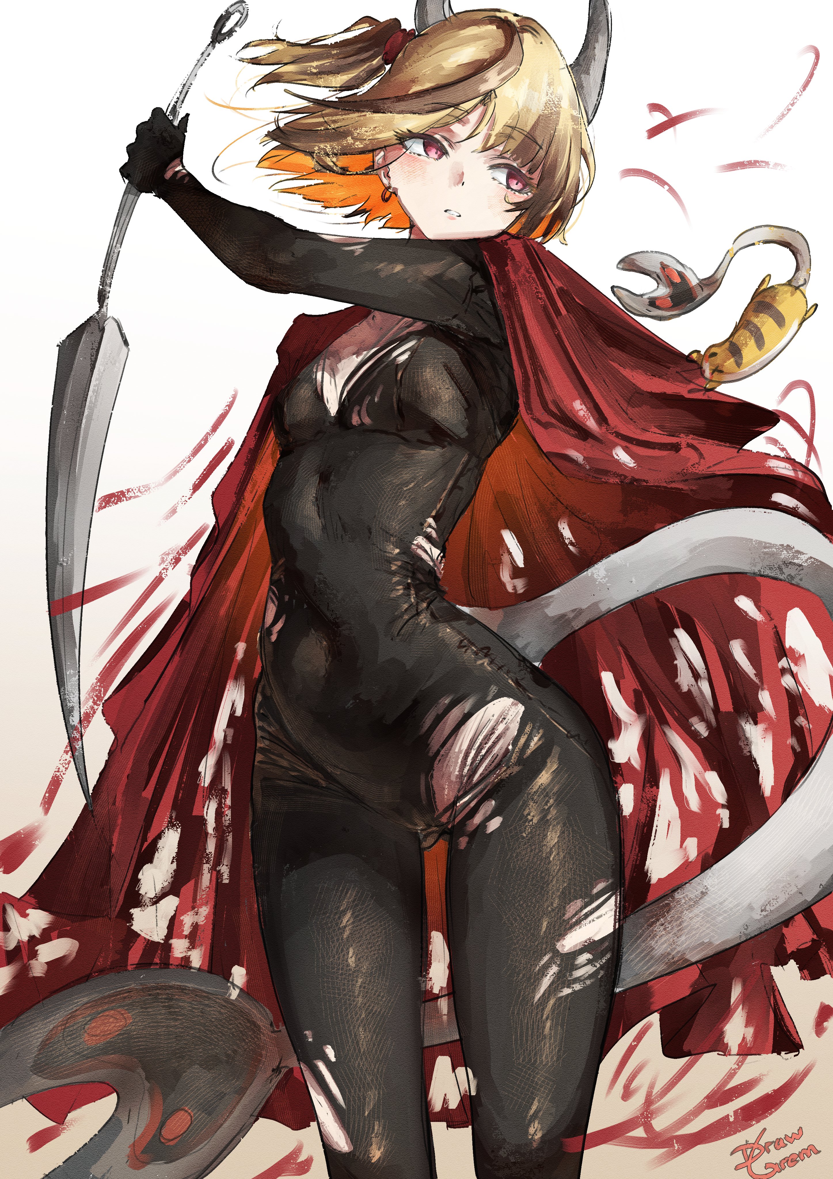 gigi murin, grem (gigi murin), hornet (hollow knight), hollow knight, hollow knight: silksong, hololive, absurdres, highres, 1girl, alternate costume, alternate hairstyle, artist name, black bodysuit, blonde hair, bodysuit, breasts, brown hair, brush stroke, cape, colored inner hair, cosplay, covered navel, cowboy shot, drawgrem, earrings, faux traditional media, floating hair, gradient background, holding, holding weapon, hornet (hollow knight) (cosplay), horns, jewelry, looking to the side, multicolored hair, needle (hollow knight), one side up, orange hair, painterly, parted lips, purple eyes, red cape, short hair, single earring, small breasts, standing, tail, torn bodysuit, torn cape, torn clothes, turning head, virtual youtuber, weapon, white background