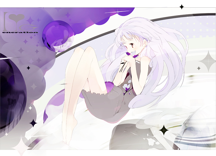 kaede (sayappa), sayappa, original, light purple hair, 1girl, barefoot, english text, female focus, flower, solo