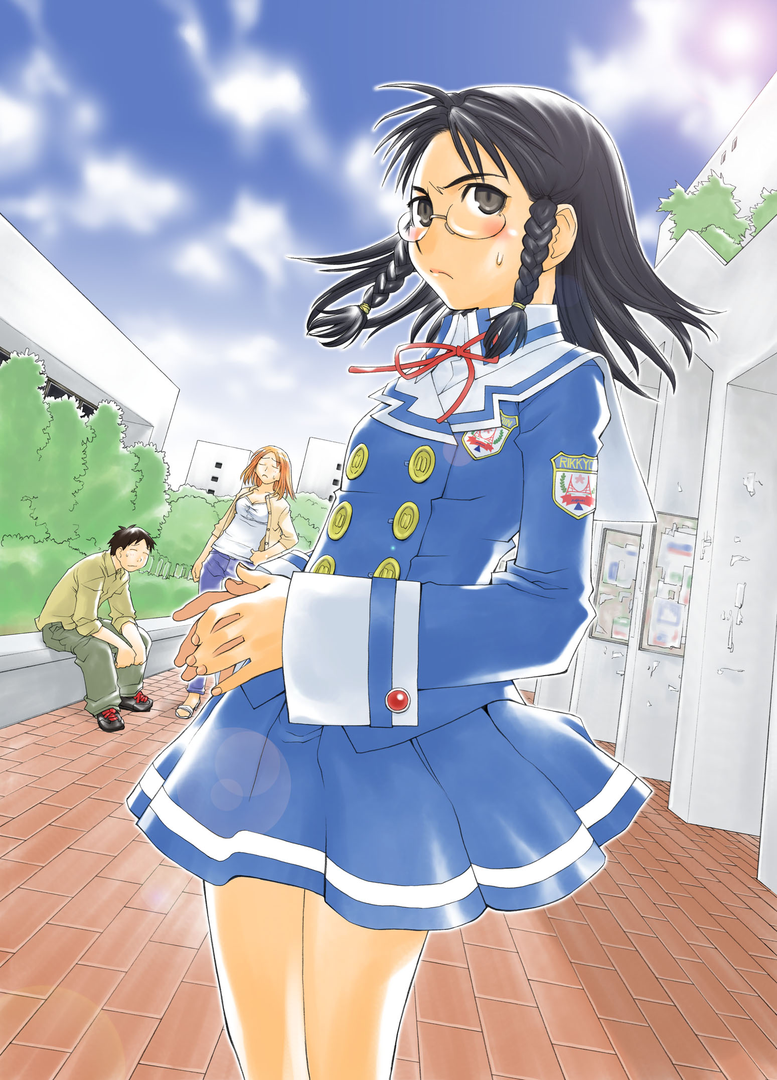 kio shimoku, kamishakujii renko, kasukabe saki, ogiue chika, sasahara kanji, genshiken, kujibiki unbalance, highres, official art, 1boy, 2girls, :<, black hair, black shoes, blue sky, braid, brick, brick floor, building, bulletin board, cardigan, closed eyes, cosplay, cover, cover page, frown, full body, glasses, green pants, green shirt, kamishakujii renko (cosplay), manga cover, multiple girls, orange hair, outdoors, pants, running bond, school uniform, shiou university, shirt, shoes, side braids, skirt, sky, smile, sweatdrop