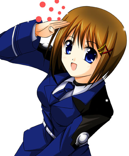 takase shin'ya, yagami hayate, lyrical nanoha, mahou shoujo lyrical nanoha, mahou shoujo lyrical nanoha strikers, 00s, 1girl, blue eyes, brown hair, female focus, hair ornament, military, military uniform, pencil skirt, salute, short hair, skirt, solo, x hair ornament